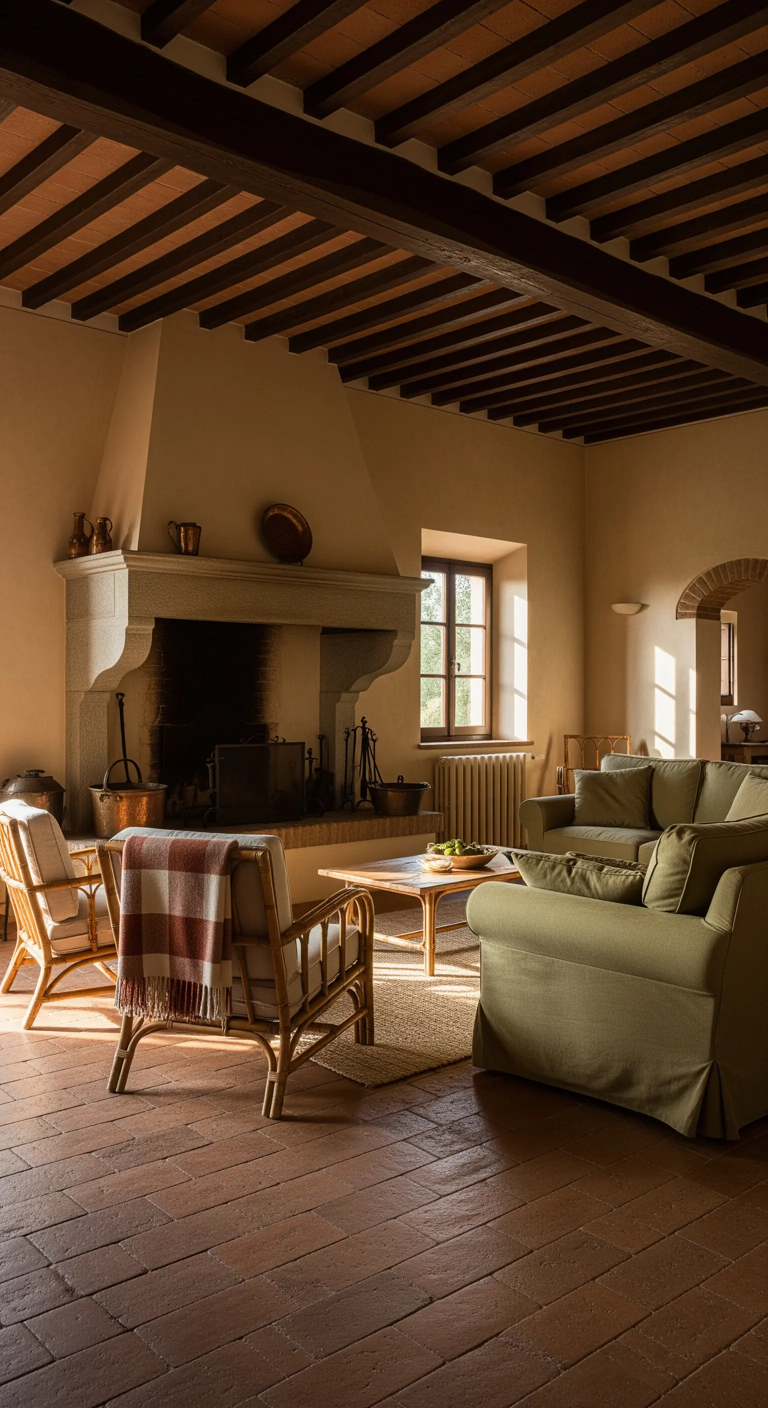 Interno rustico in stile toscano con pavimento in cotto e camino monumentale