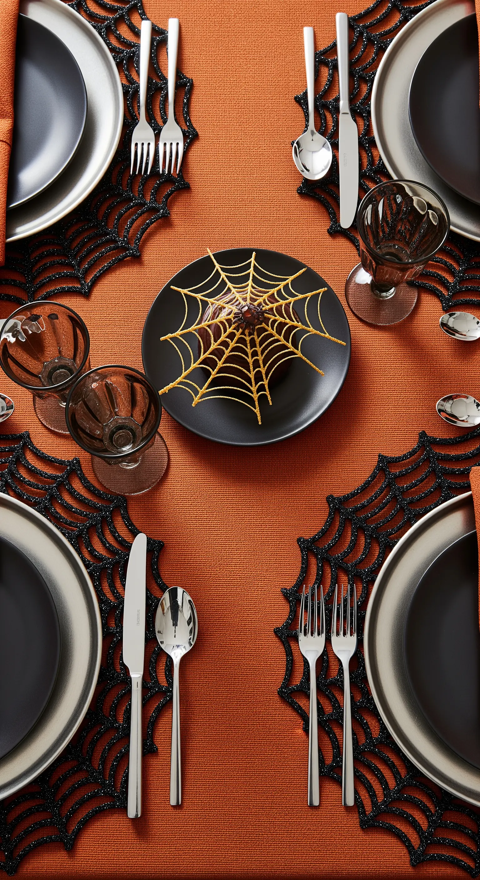 Tovaglietta a forma di ragnatela sotto un piatto nero con una decorazione a ragnatela.