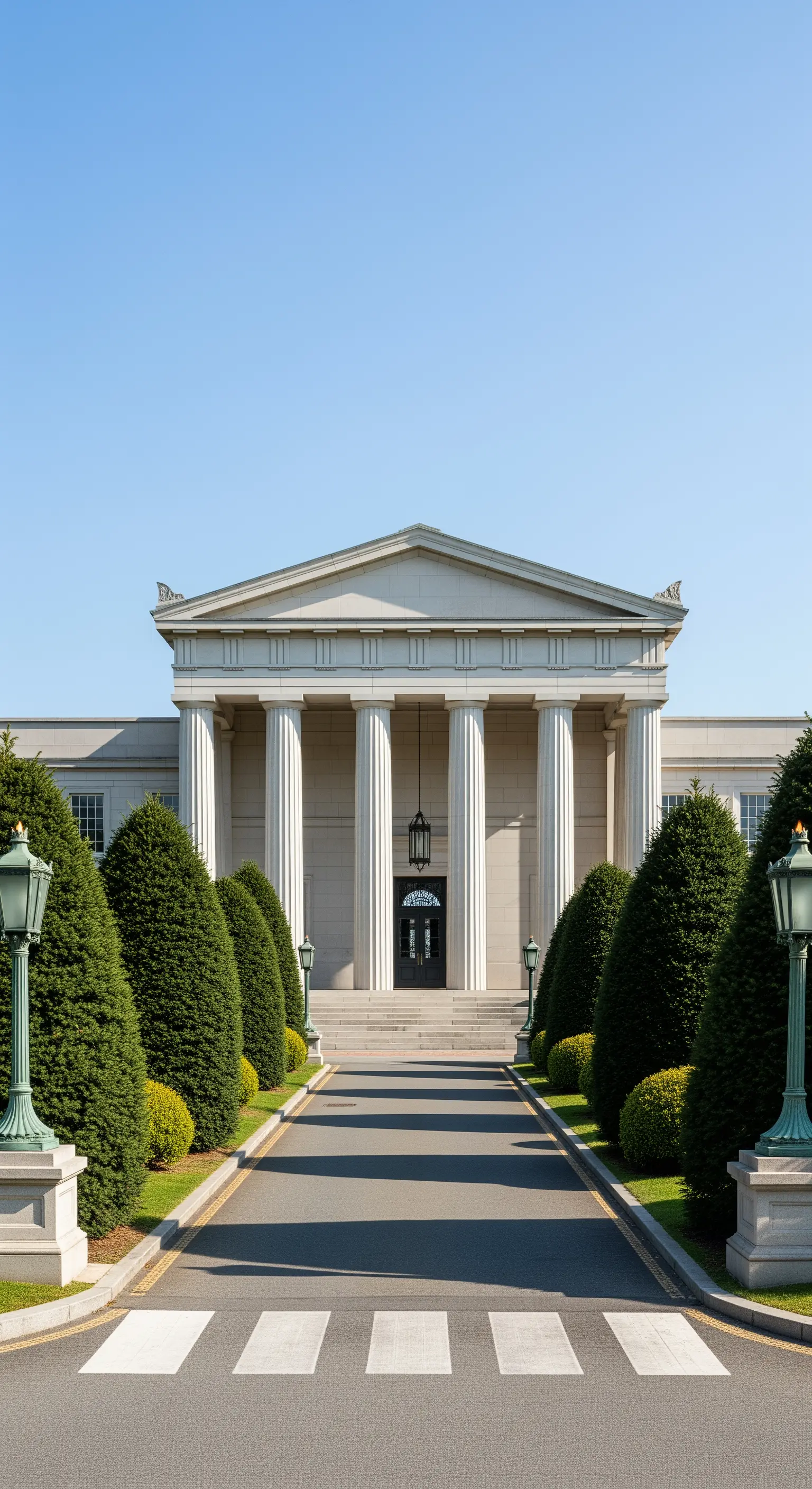 Imponente portico in stile classico con un lungo viale d'accesso fiancheggiato da alberi conici.