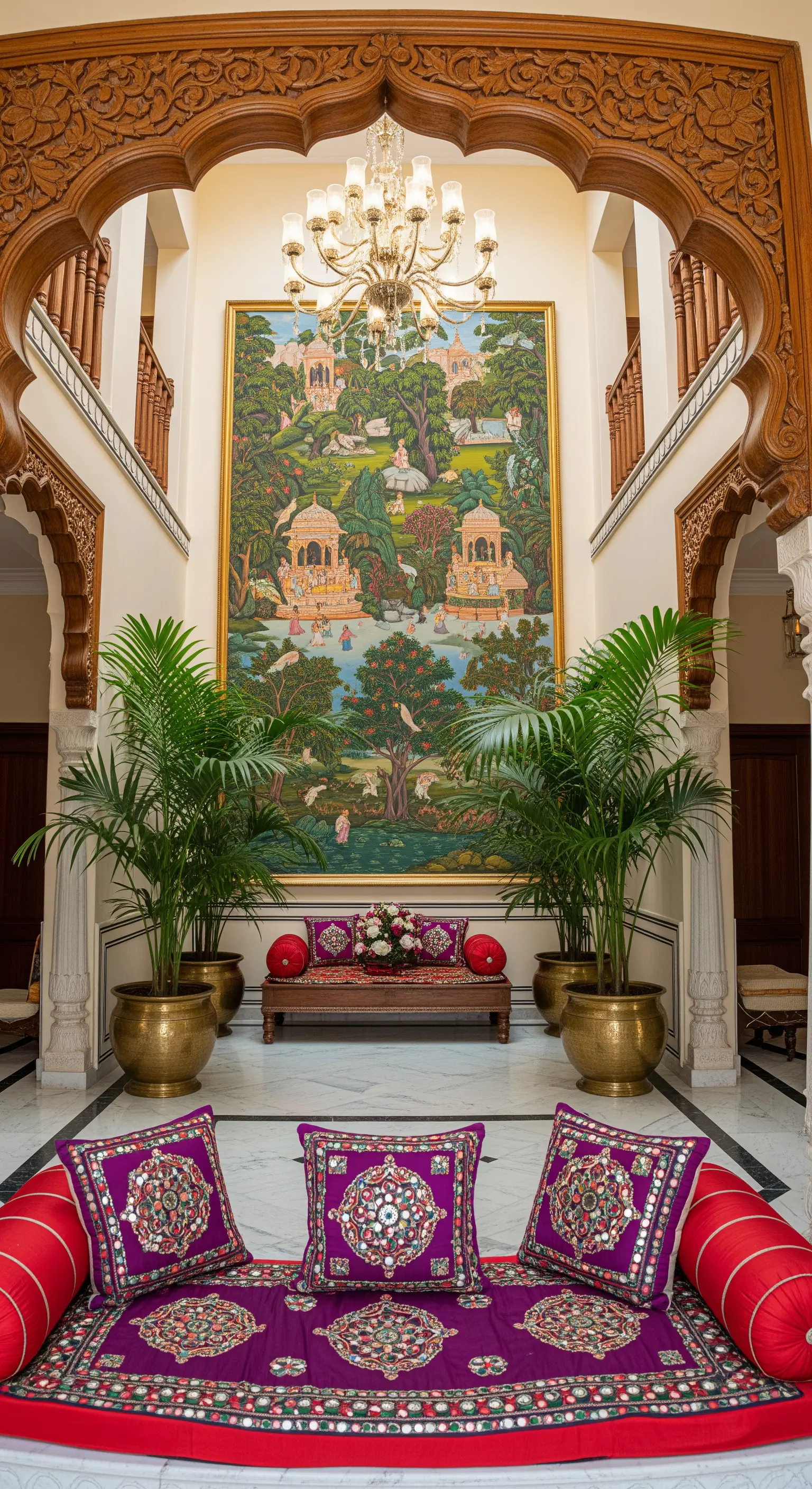 Ingresso maestoso con arco in legno, grande arazzo indiano e sedute basse con cuscini viola.