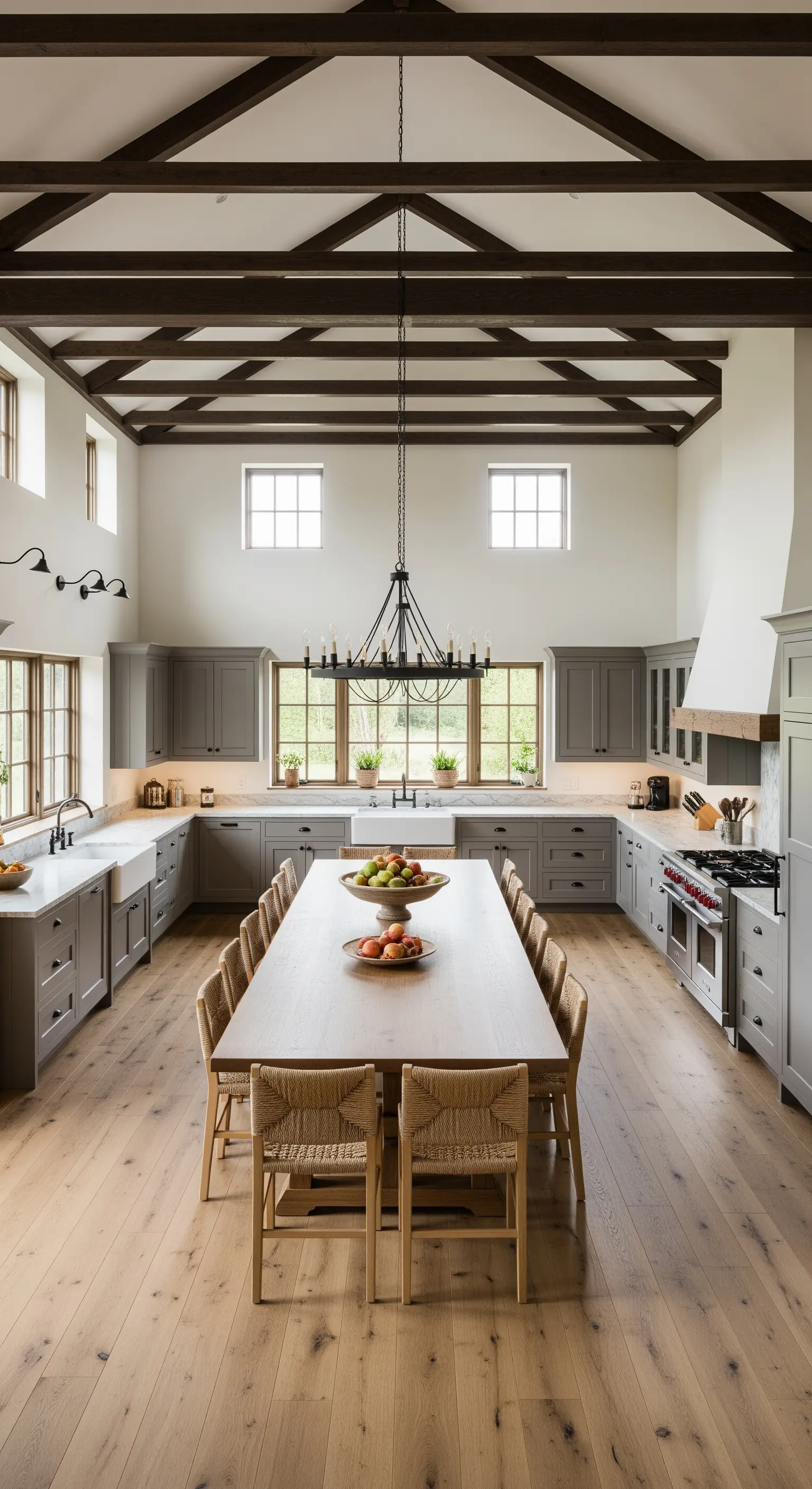 Cucina grigia molto grande e simmetrica, con soffitto alto e travi a vista.