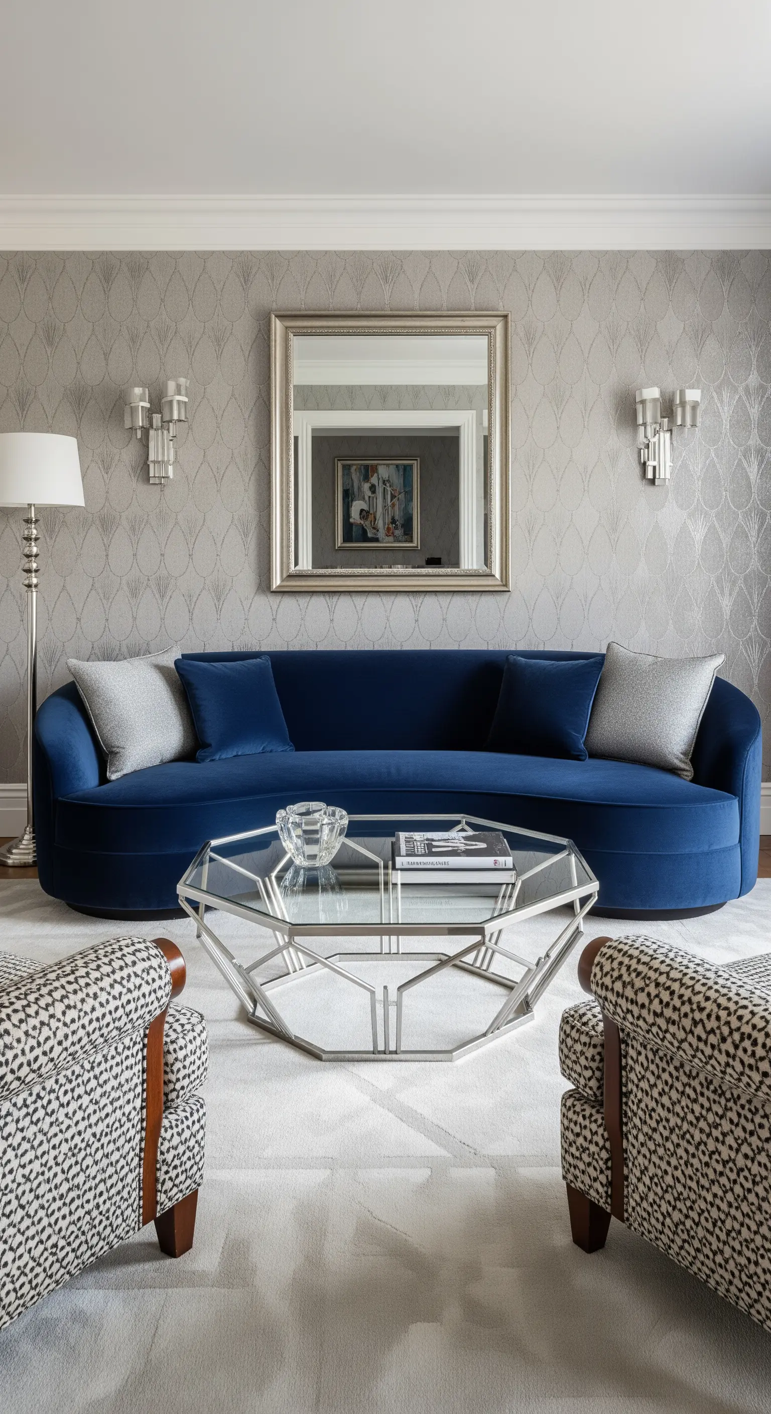 Salotto con divano curvo in velluto blu, tavolino geometrico in metallo e carta da parati fantasia.