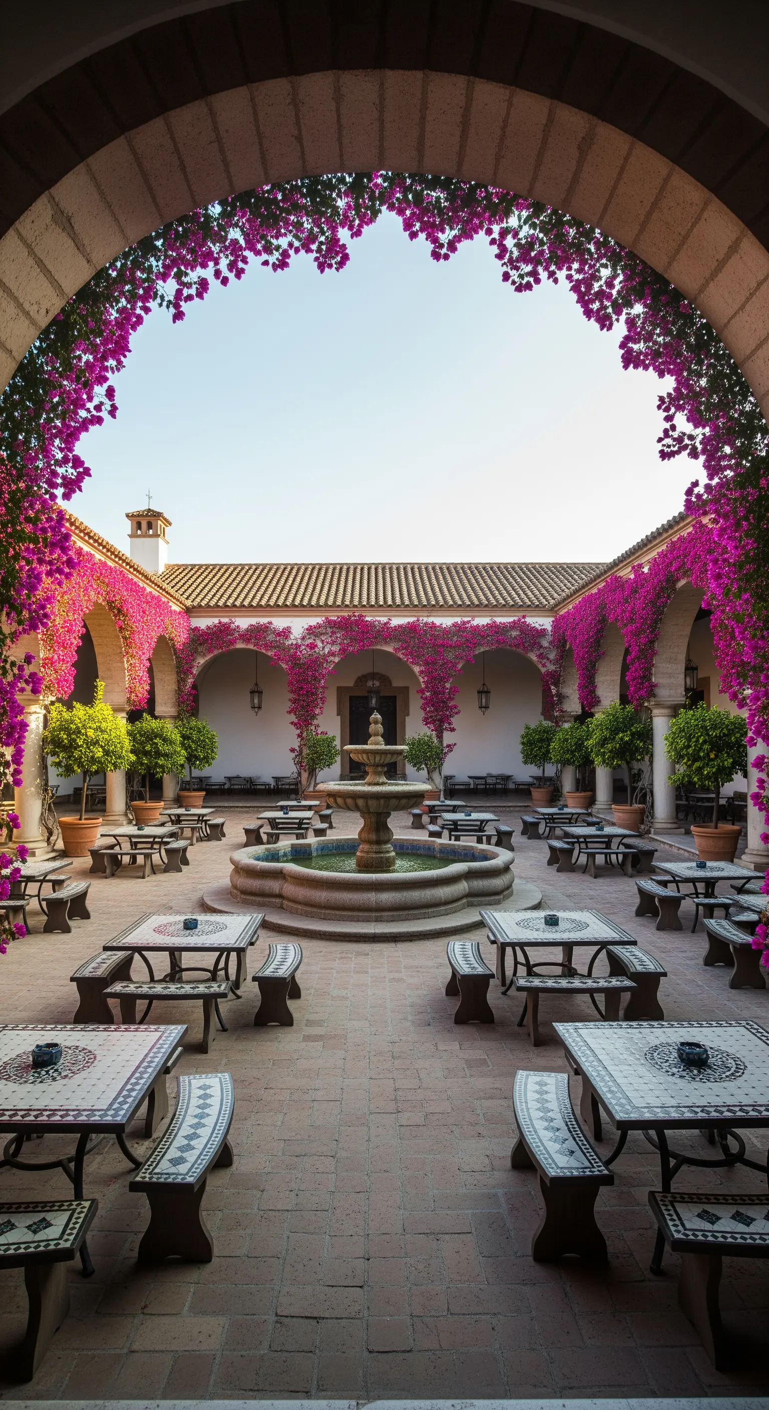 Cortile con fontana centrale, tavoli in mosaico e portici con archi ricoperti di bouganville.