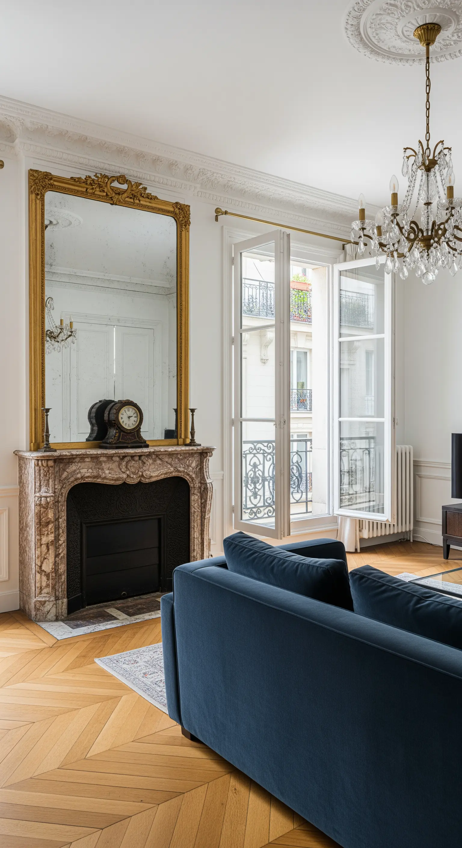 Specchio antico con cornice dorata sopra un camino in marmo in un salotto parigino.