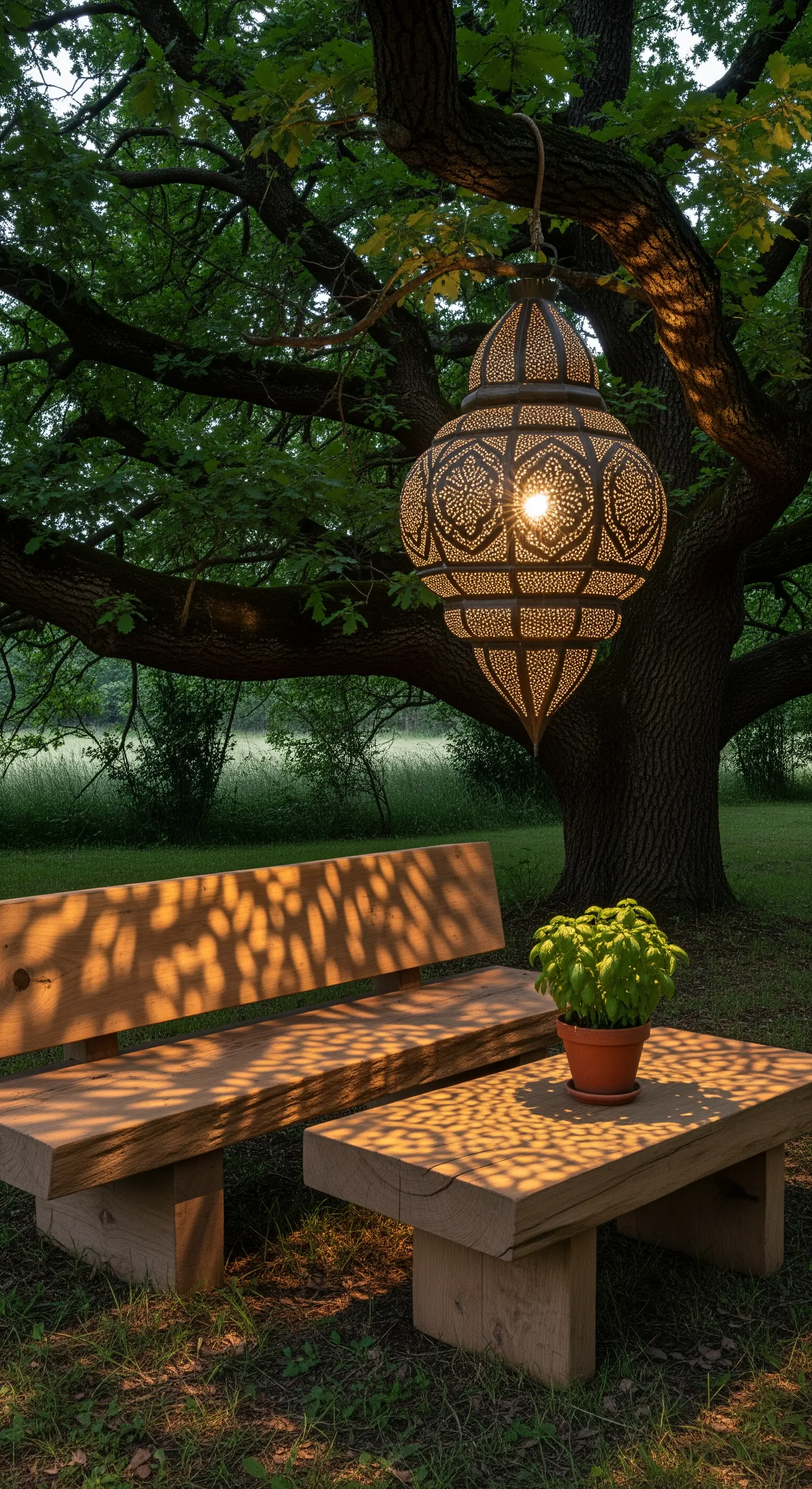 Grande lanterna marocchina appesa a un albero sopra panche e tavolino in legno massiccio.