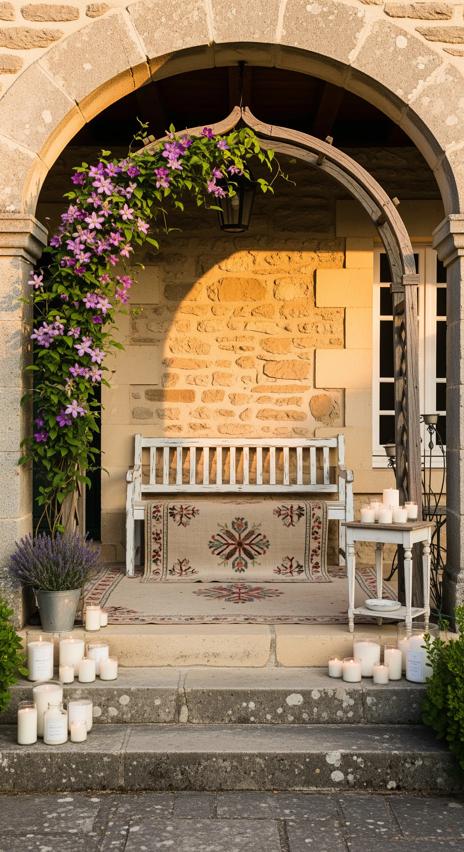 Arco in legno con clematide viola sopra una panca bianca su un portico in pietra