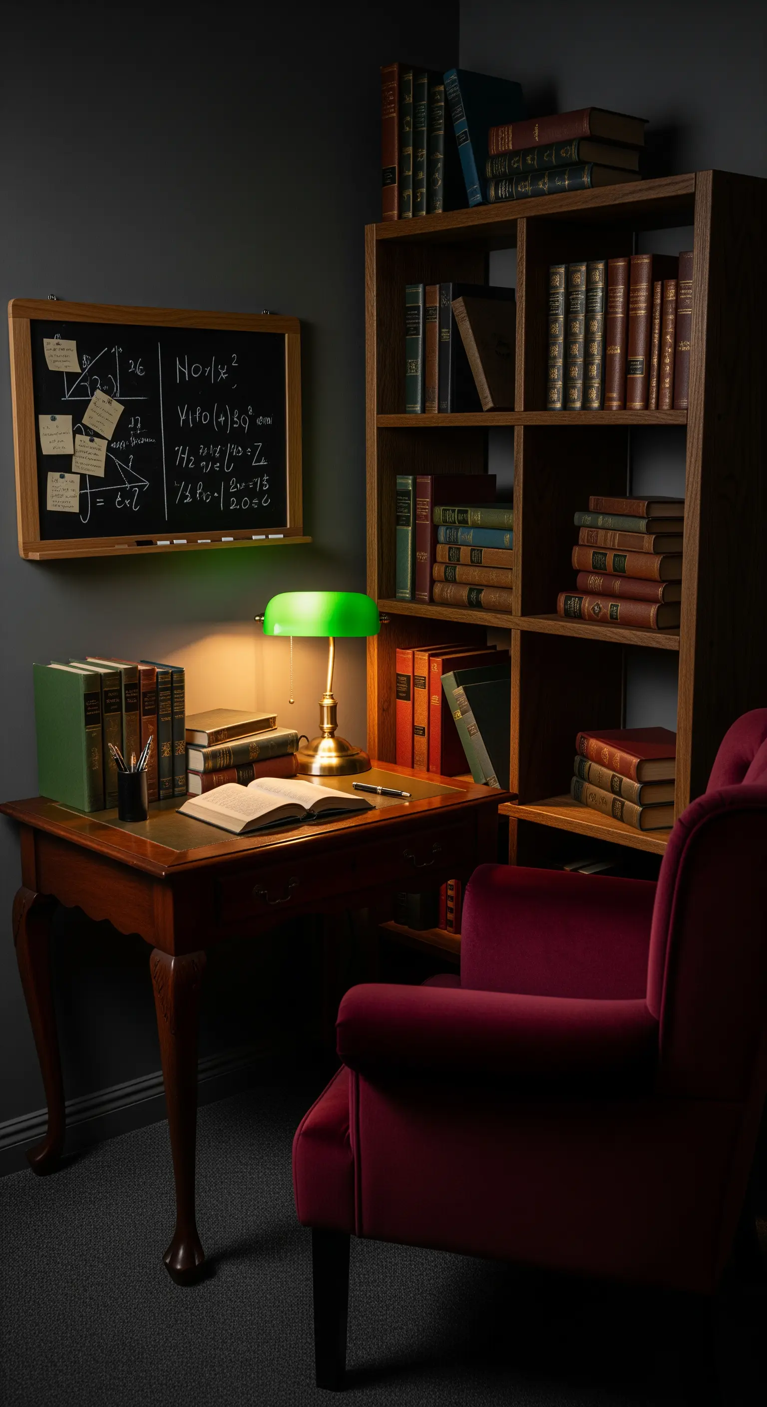 Angolo studio in stile accademico con scrivania in legno, poltrona in velluto e libreria.