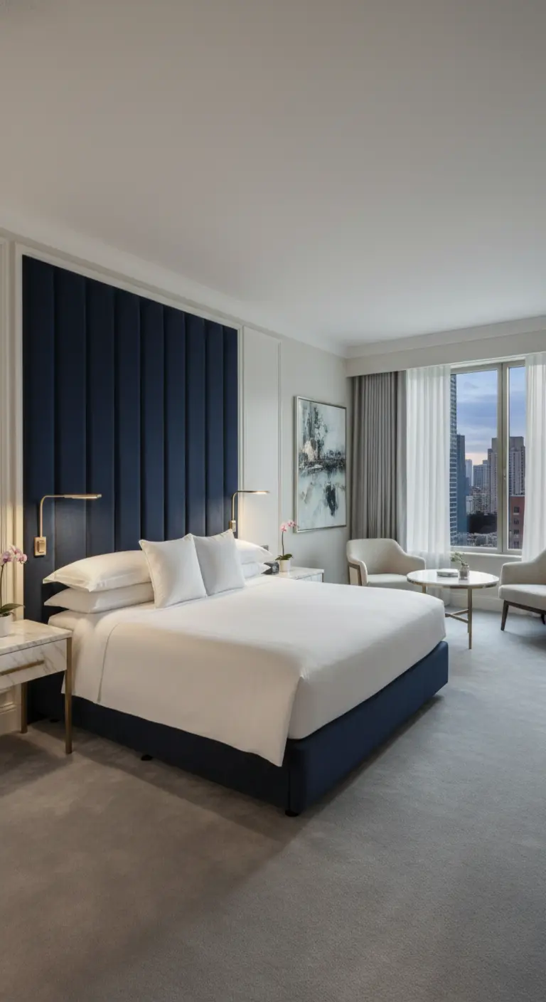 Ampia testiera capitonné in velluto blu notte in una lussuosa camera da letto.