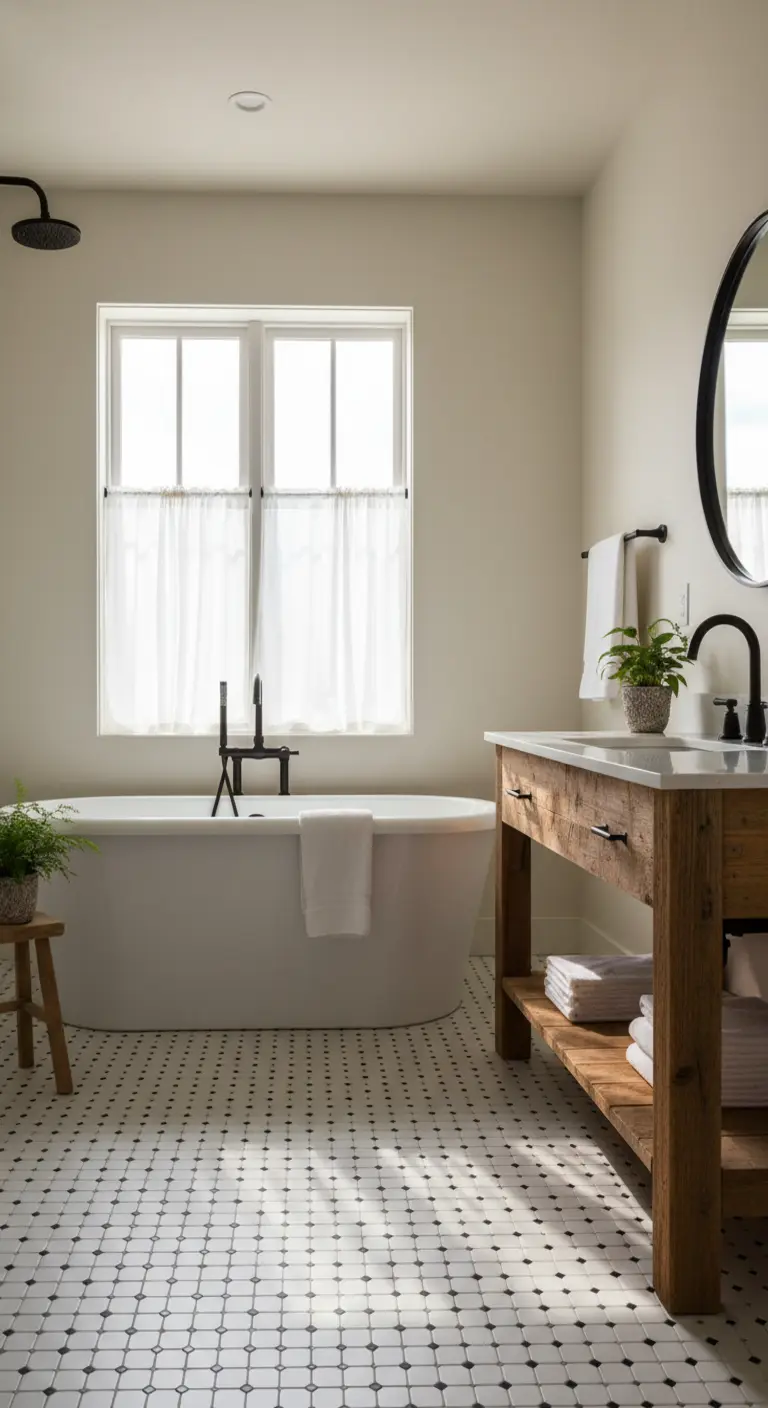 Bagno con pavimento a scacchi, mobile in legno grezzo e tende a vetro bianche sulla finestra.