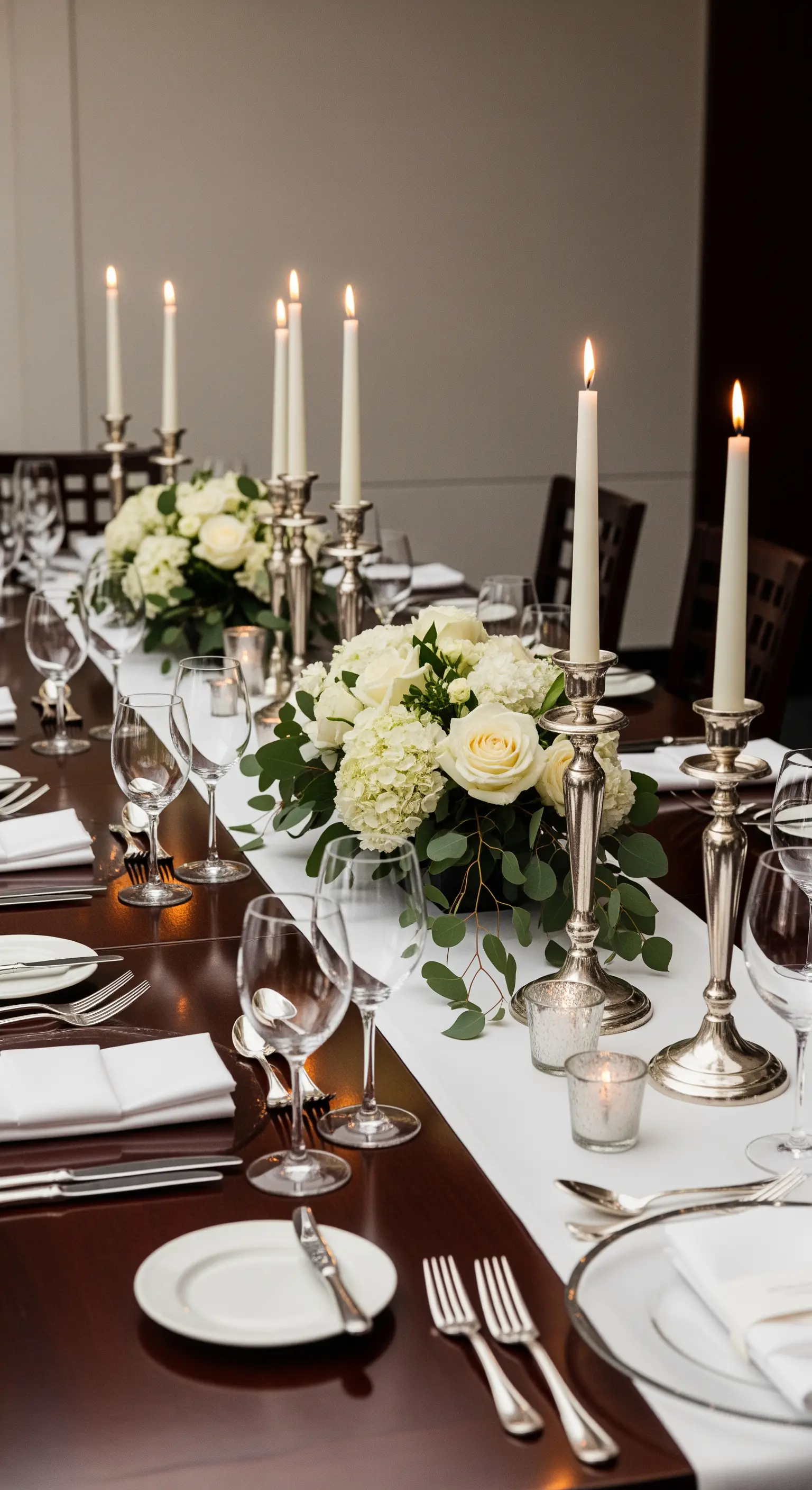 Tavola per cena formale con candelabri in argento, rose bianche e runner candido.
