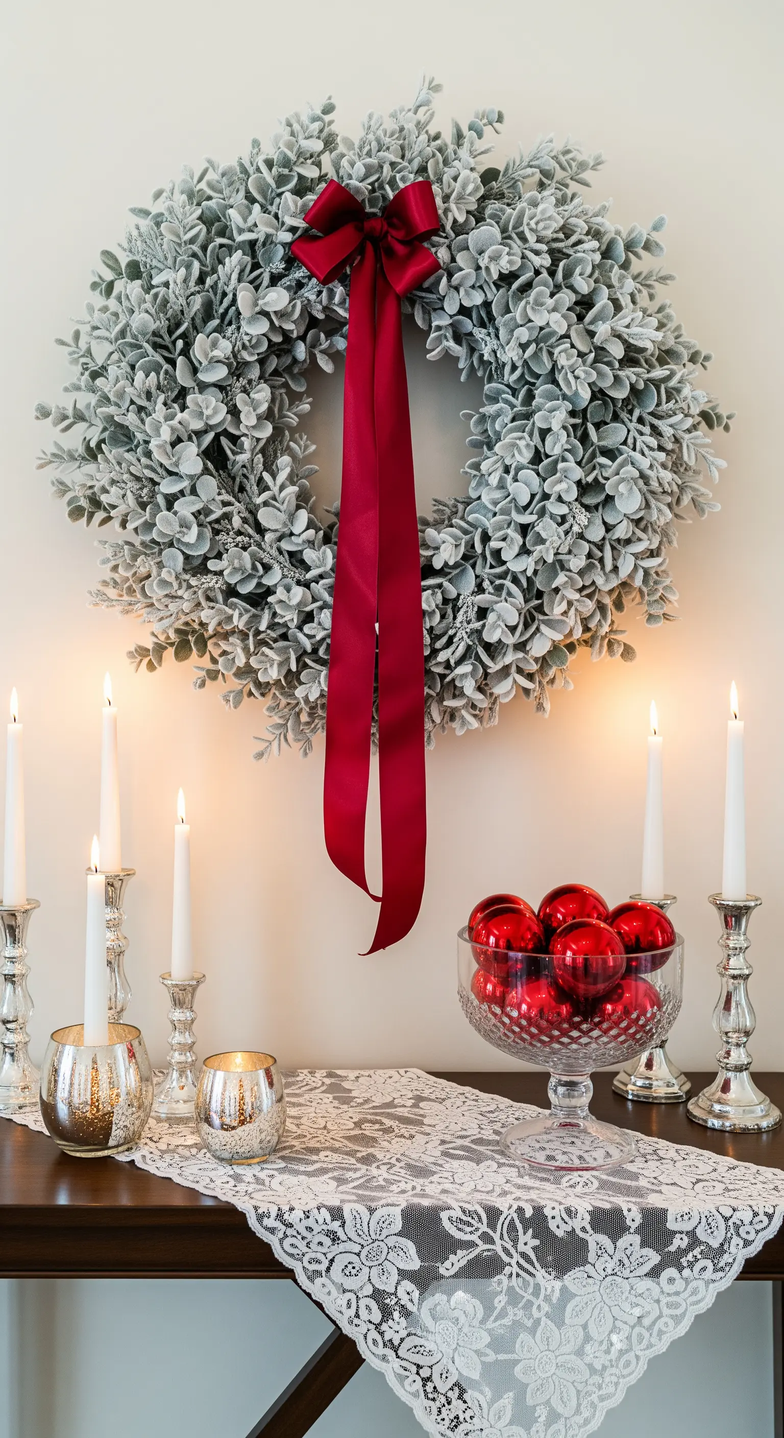 Consolle con ghirlanda argentata, candelabri e una coppa di cristallo con palline rosse.