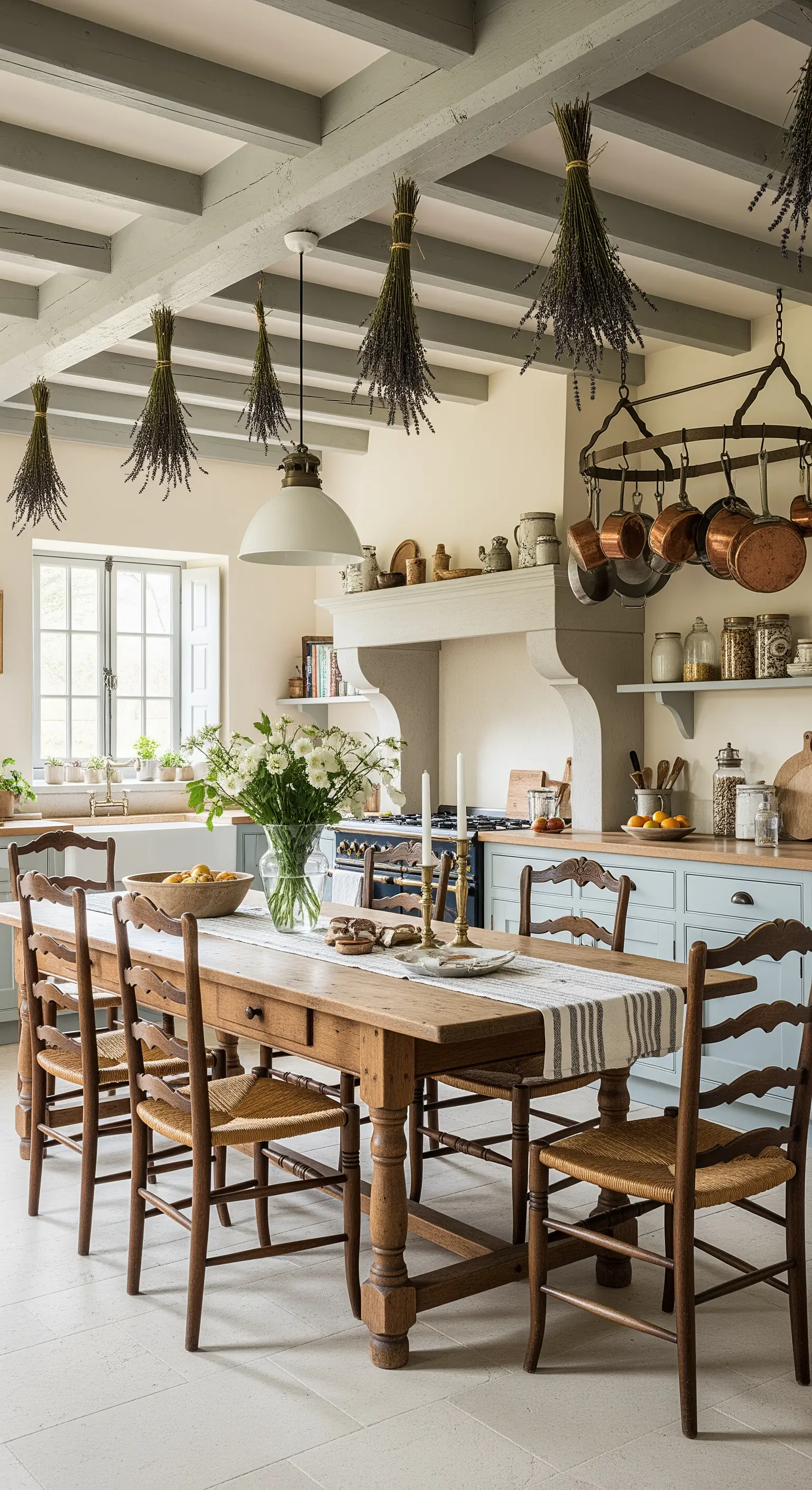 Cucina in stile provenzale con pentole in rame appese e mazzi di lavanda essiccata.