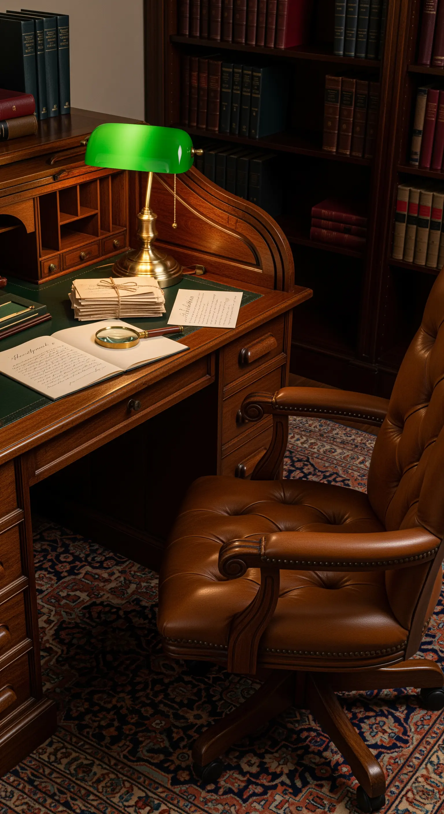 Scrittoio antico in legno scuro con sedia da ufficio in pelle e una classica lampada verde da banchiere.