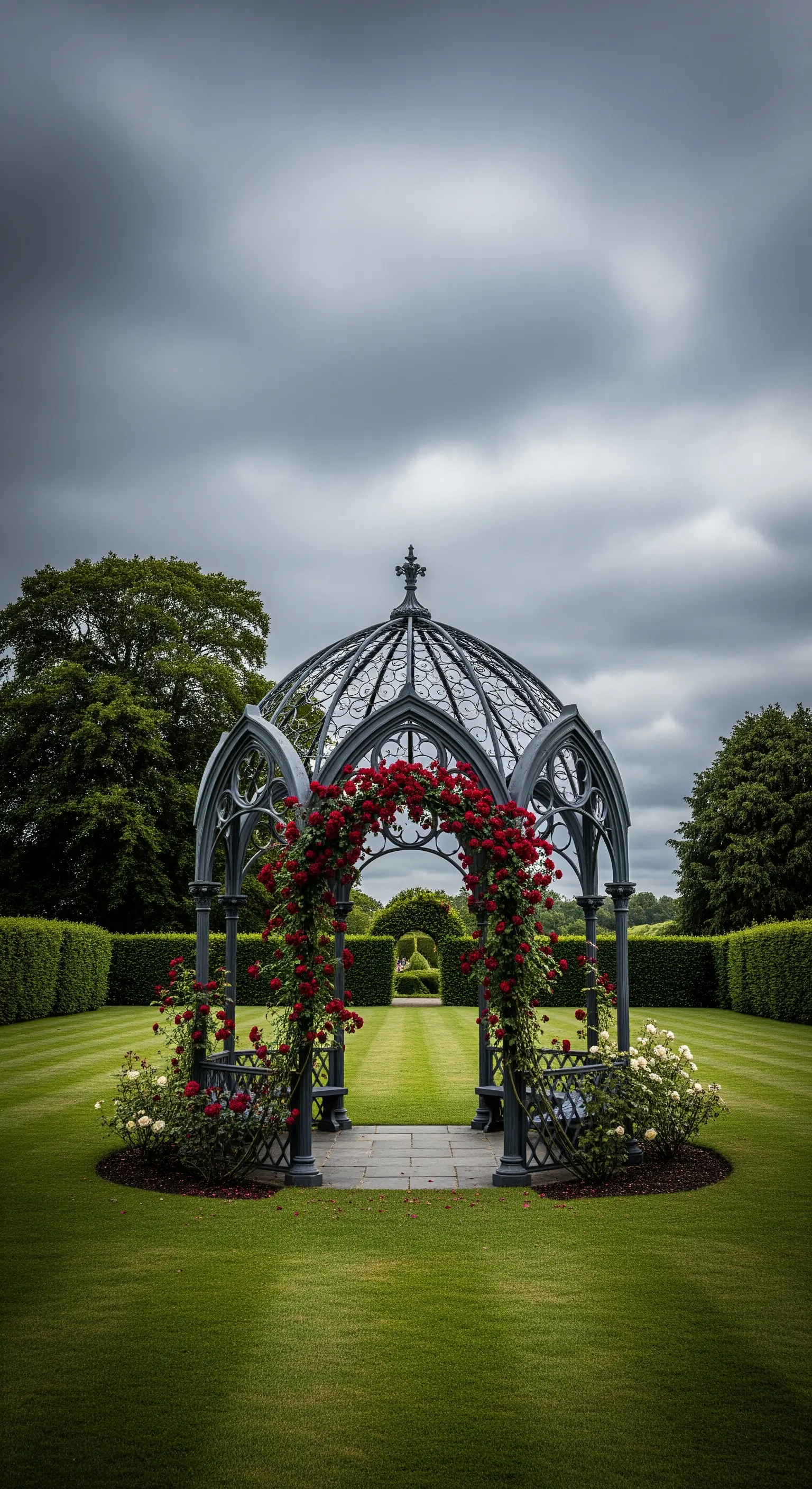 Gazebo in ferro battuto scuro in stile gotico, decorato con rose rosse rampicanti.