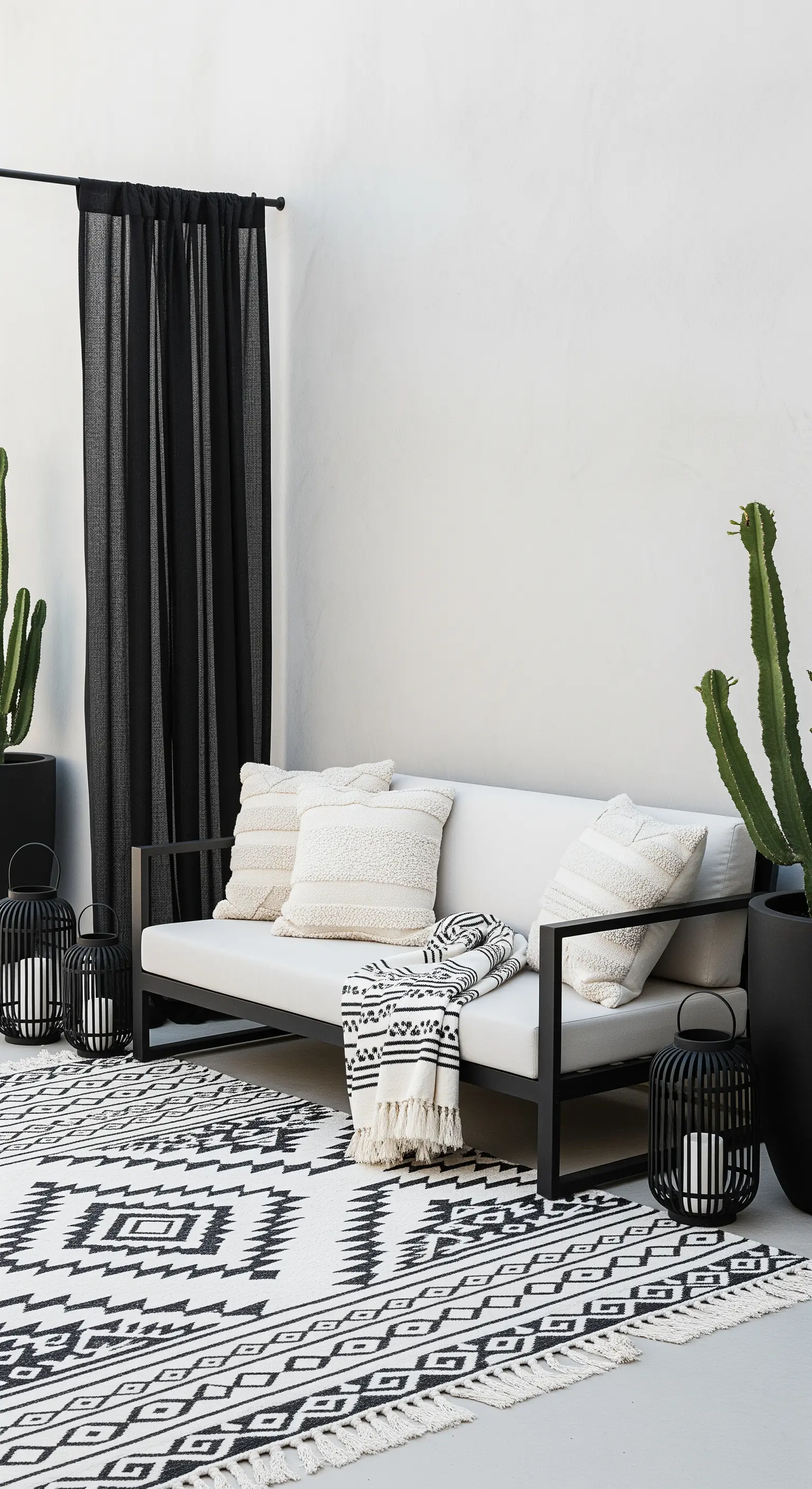 Patio minimalista con divano dalla struttura nera, tappeto geometrico bianco e nero e cactus