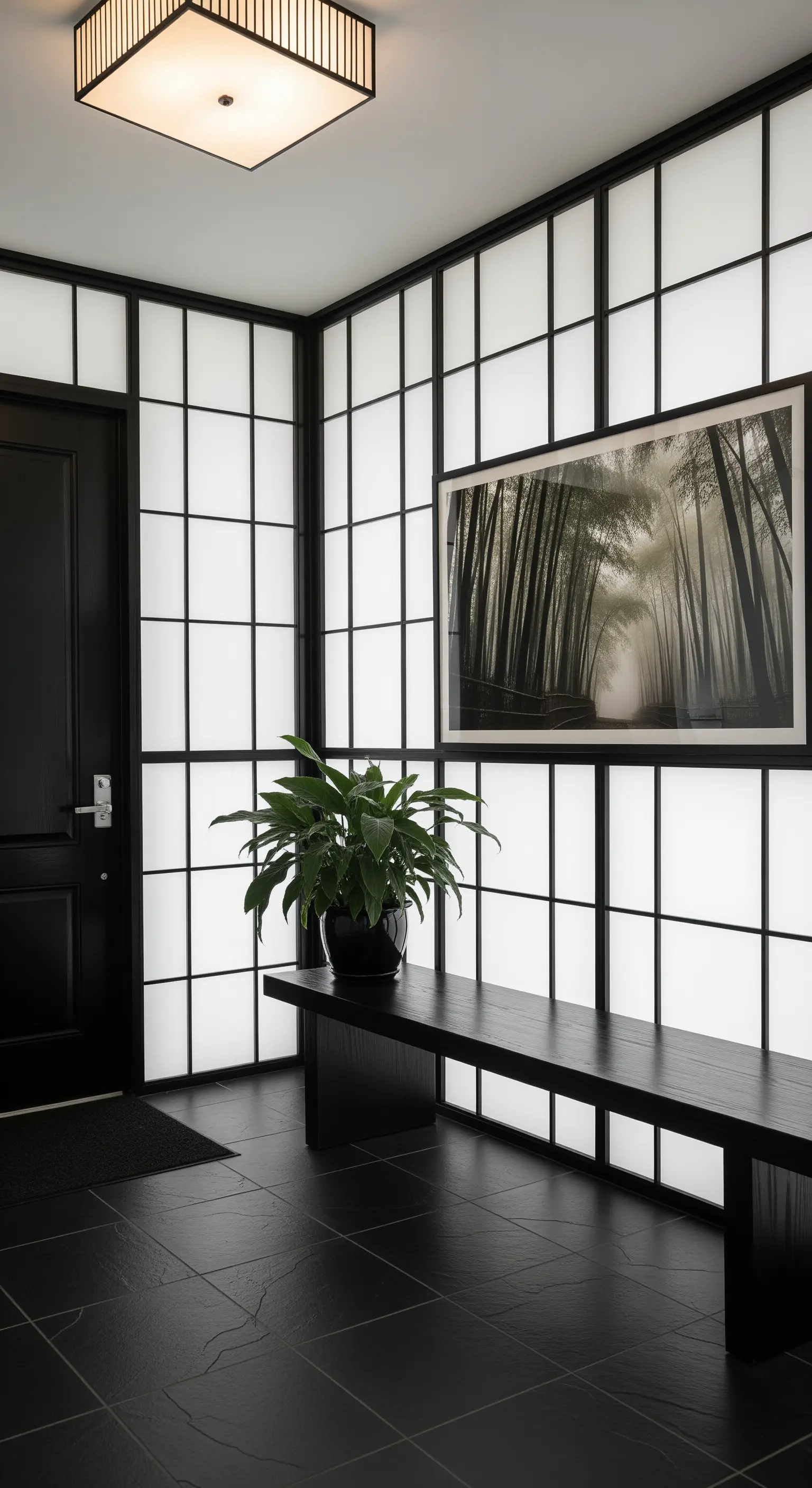 Ingresso con pareti a griglia nera su pannelli bianchi luminosi, panca e pavimento neri.