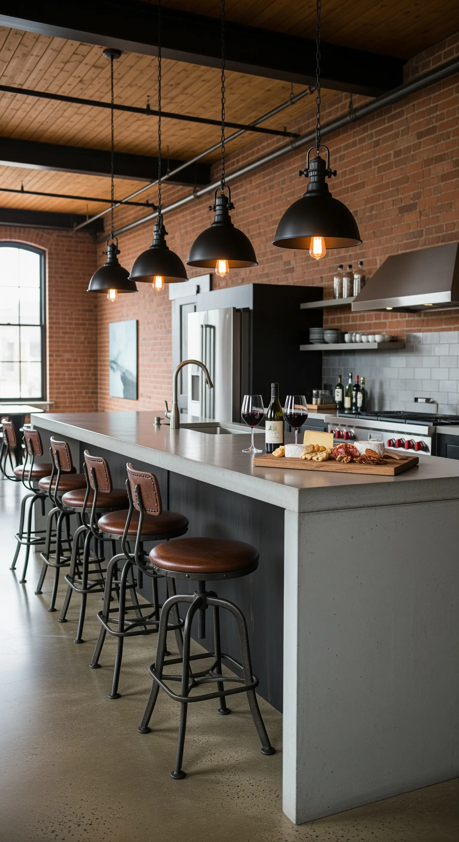 Cucina industrial-chic con bancone in cemento, sgabelli in pelle e lampade a sospensione nere.