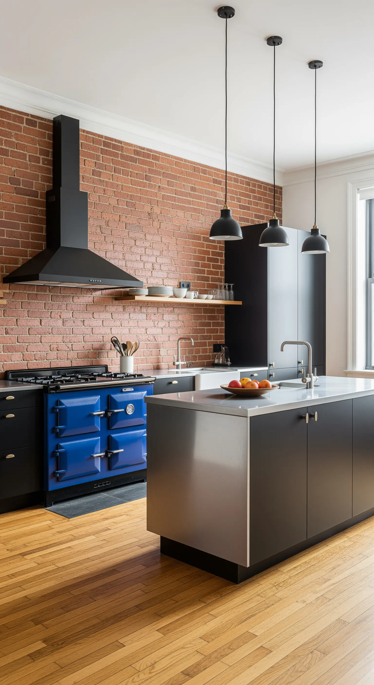Cucina con parete in mattoni, fornelli blu vintage, isola e cappa nere e lampade a sospensione.