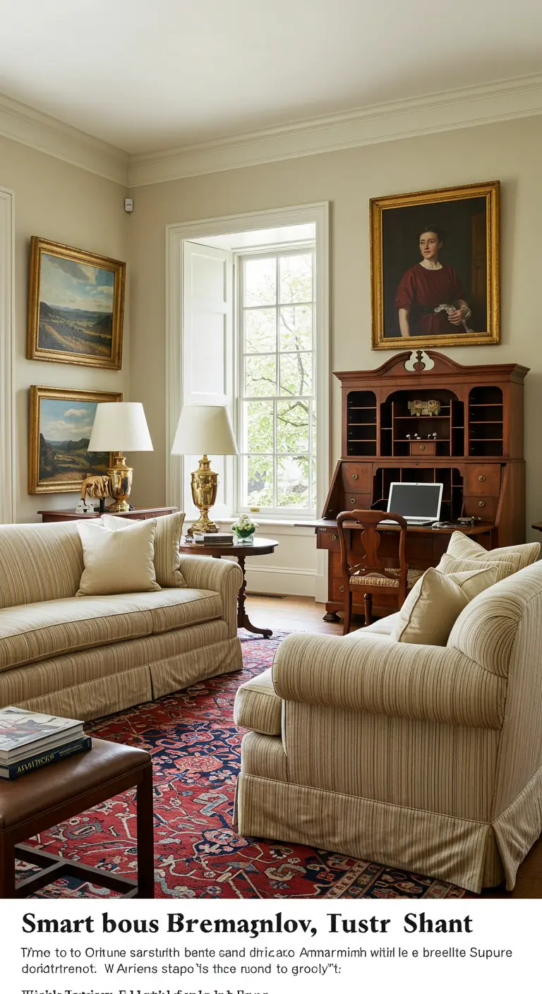 Scrittoio classico in legno con ribalta e alzata in un soggiorno tradizionale.