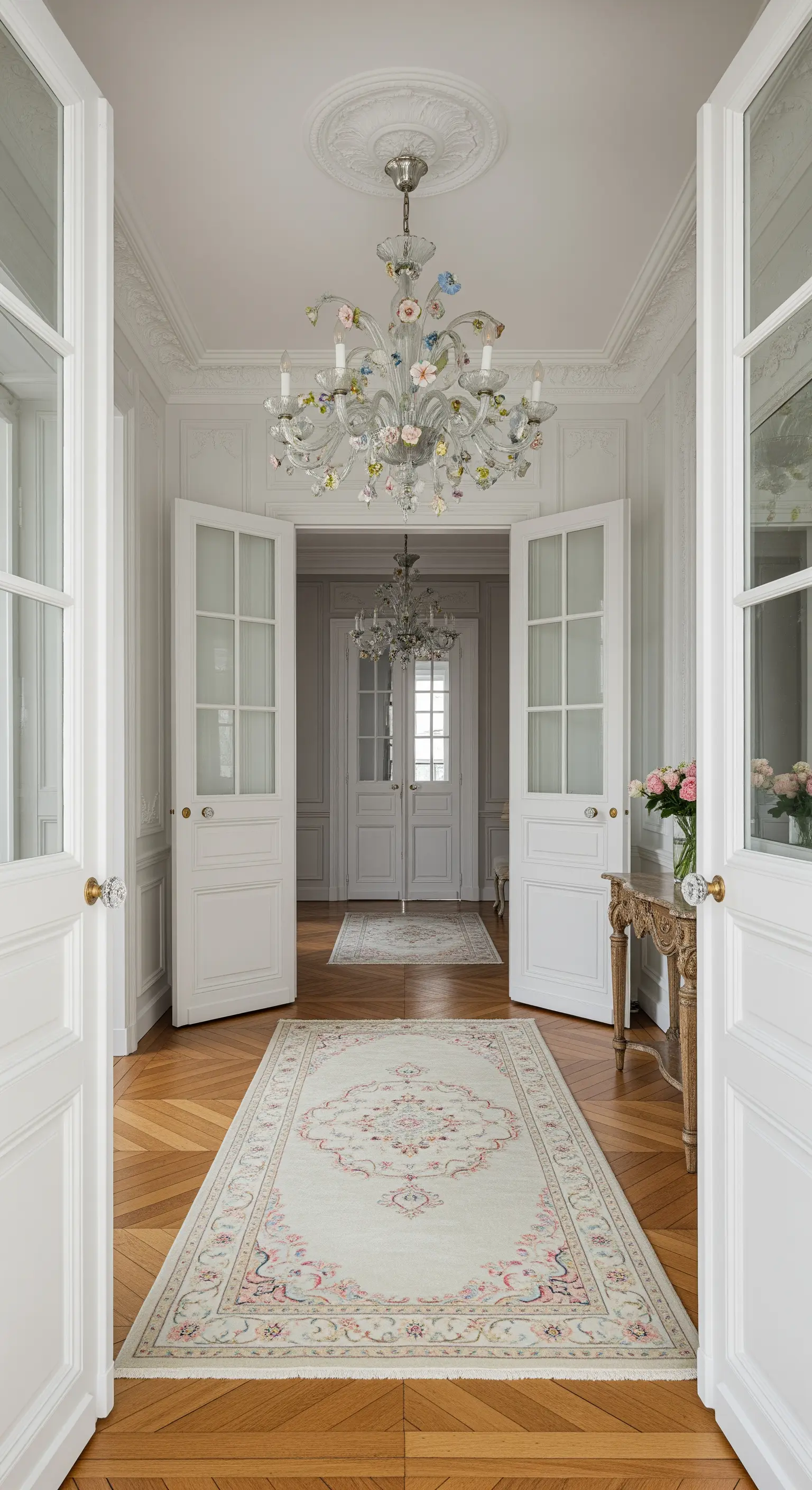 Atrio parigino con boiserie bianca, parquet a spina di pesce e lampadario in cristallo floreale.