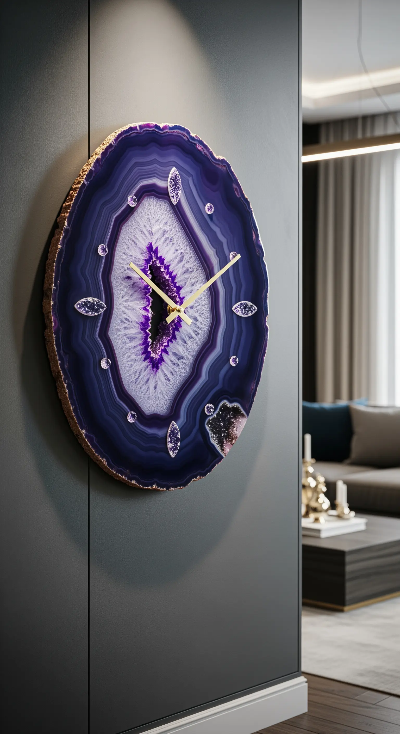 Orologio da parete realizzato con una fetta di agata viola e cristalli.