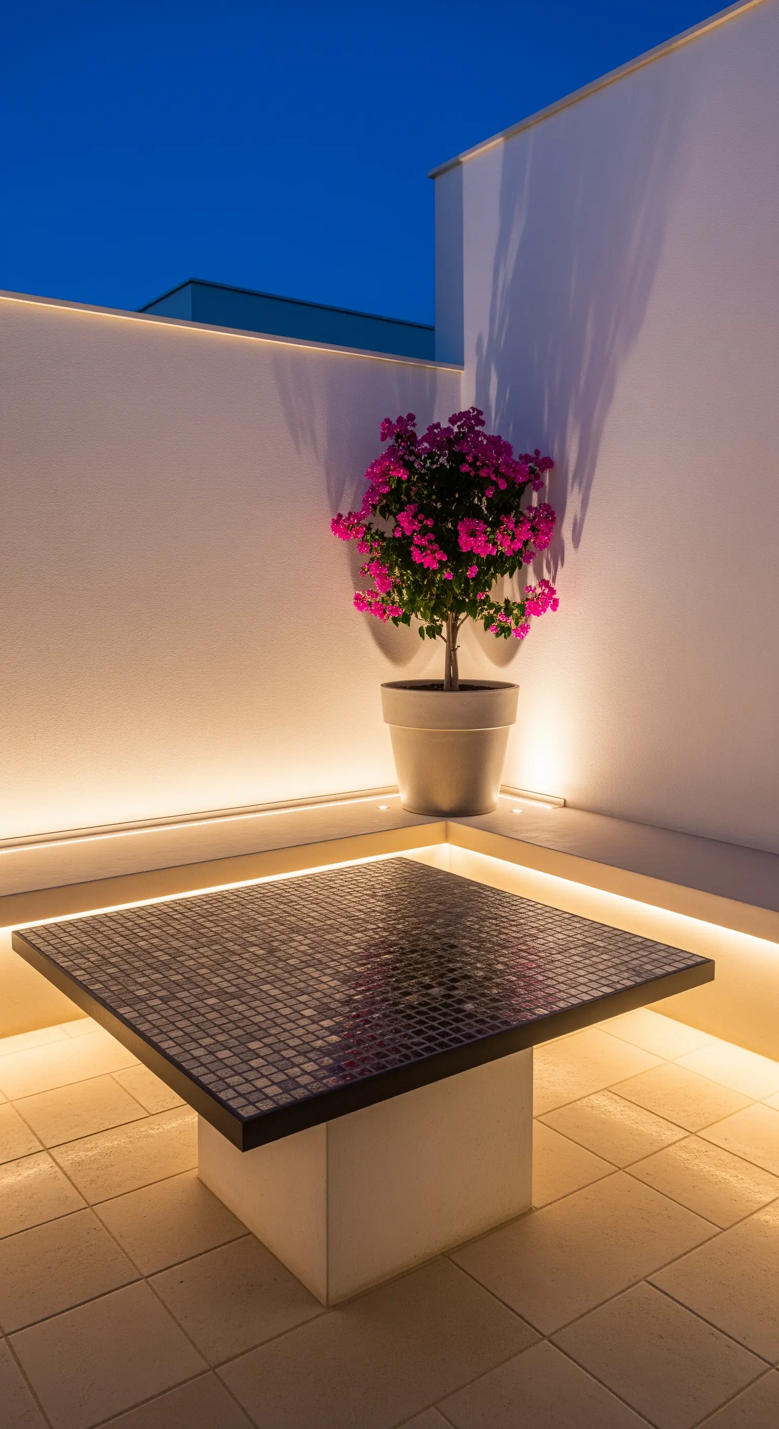 Terrazza minimalista con tavolo a mosaico e sedute illuminate da strisce LED nascoste.