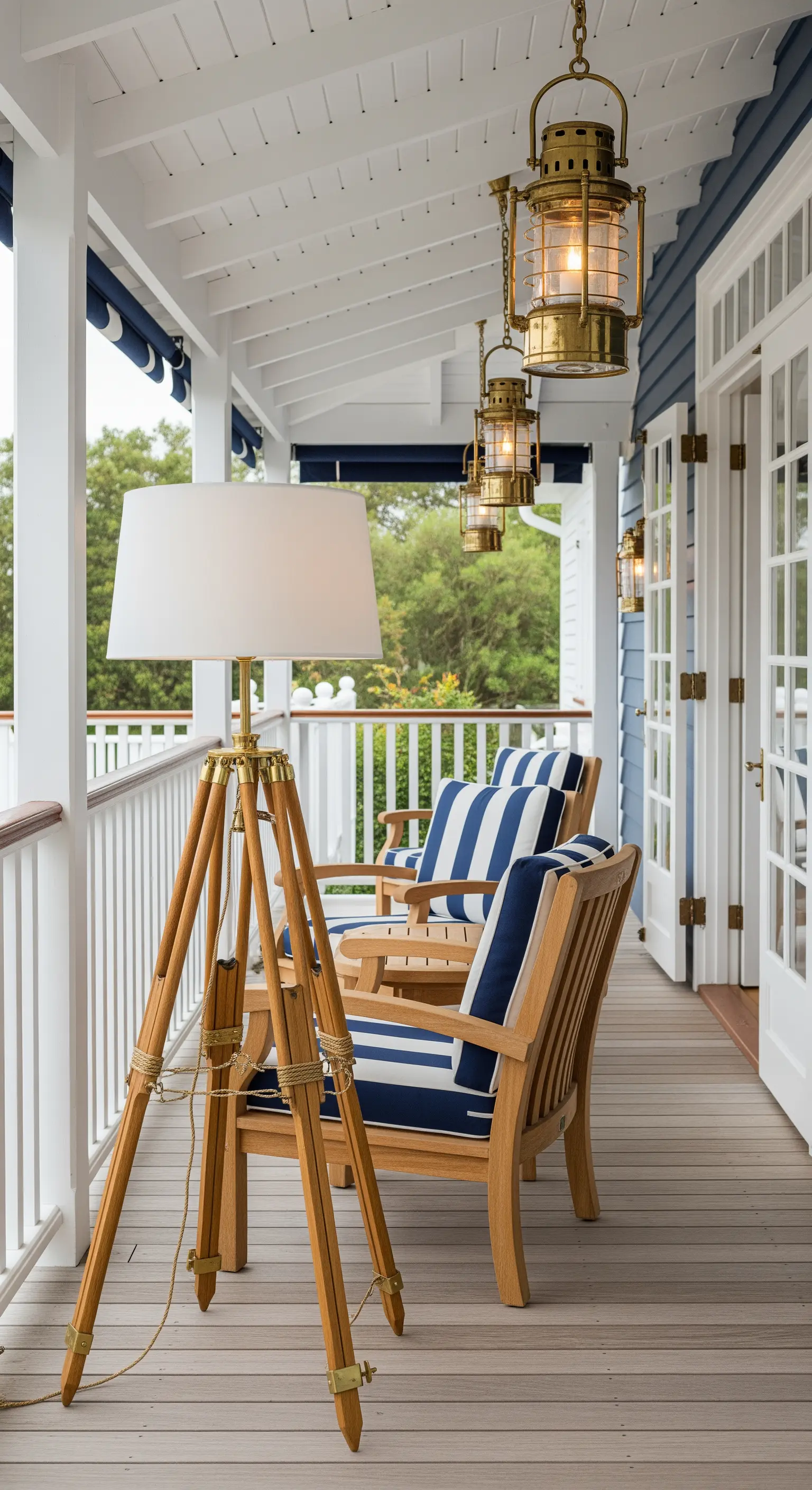 Veranda in stile nautico con sedie a righe e una lampada da terra a treppiede in legno e ottone.
