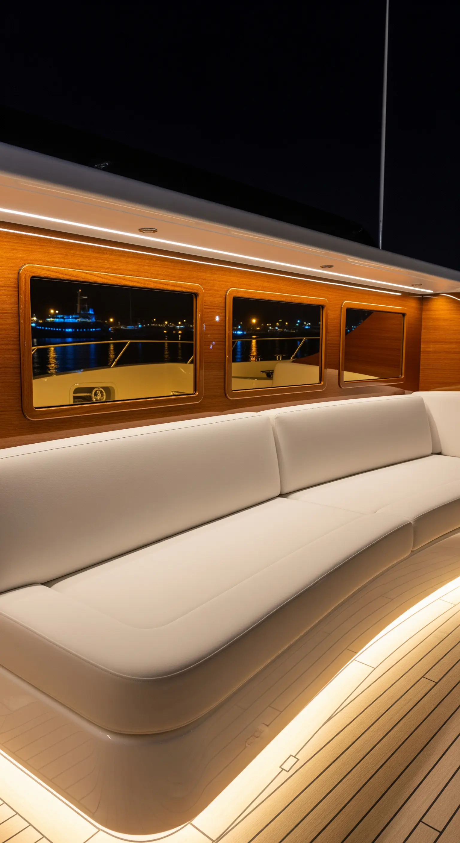 Interno di uno yacht con divano bianco curvo, pannelli in legno e illuminazione a LED integrata.