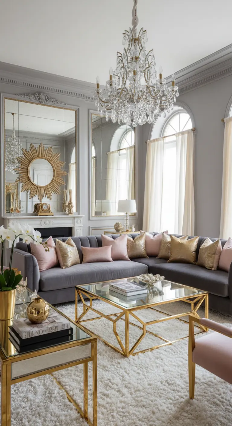 Soggiorno classico con divano grigio, cuscini rosa e oro, lampadario di cristallo e tavolini dorati.