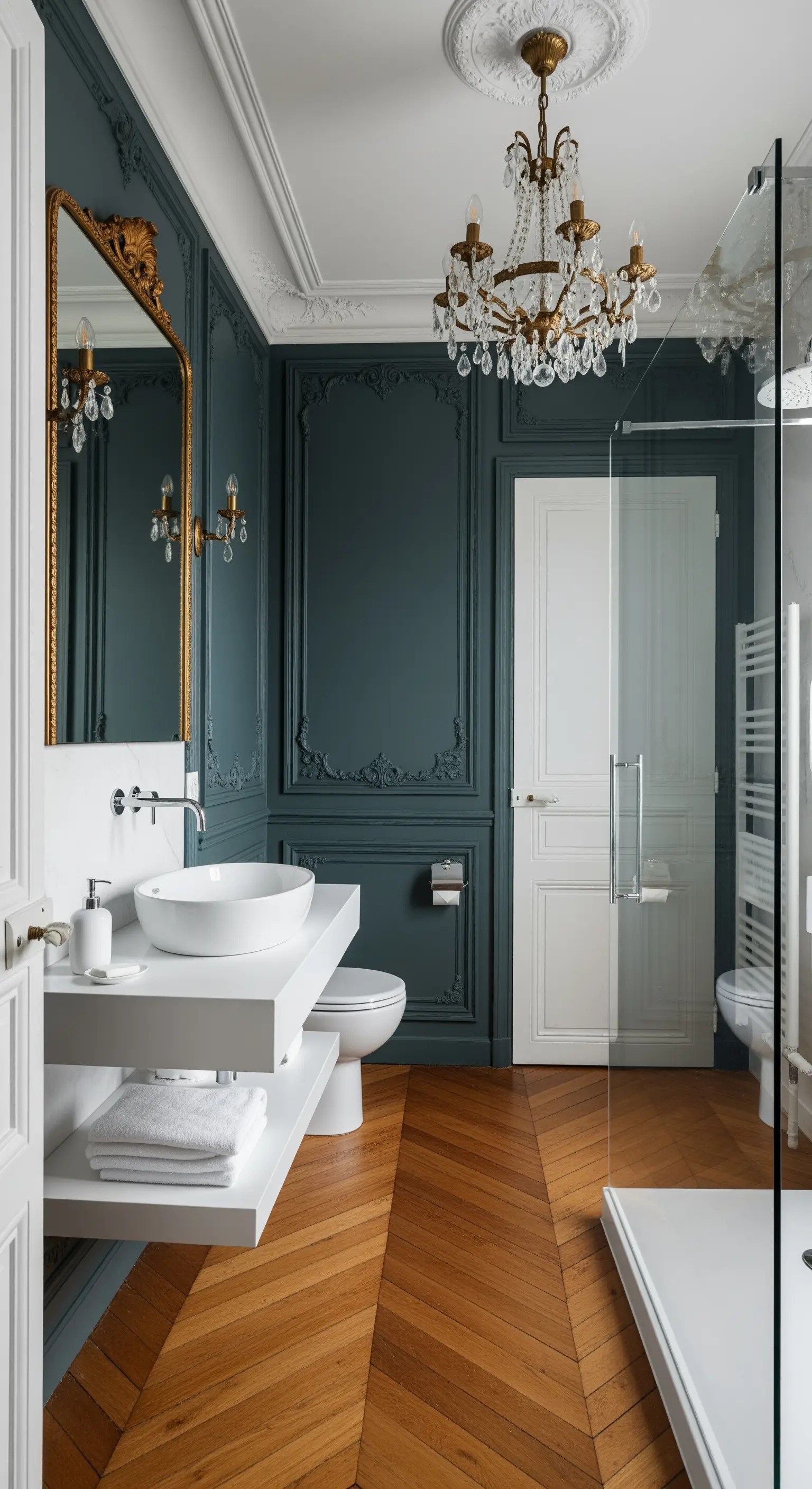 Bagno parigino con boiserie scura, parquet, lampadario di cristallo e lavabo moderno.