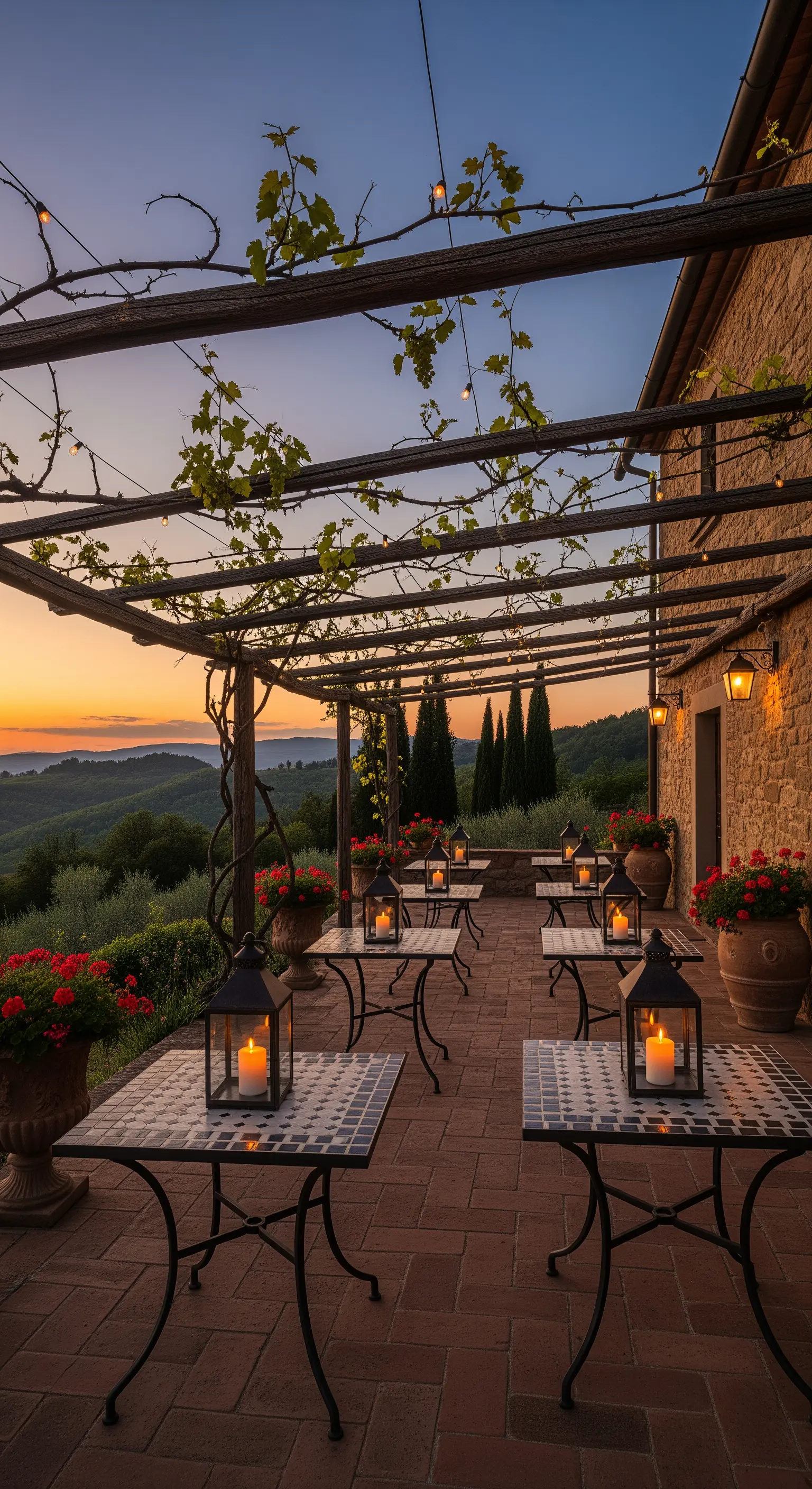 Terrazza al tramonto con tavoli in mosaico, lanterne e vasi di gerani rossi
