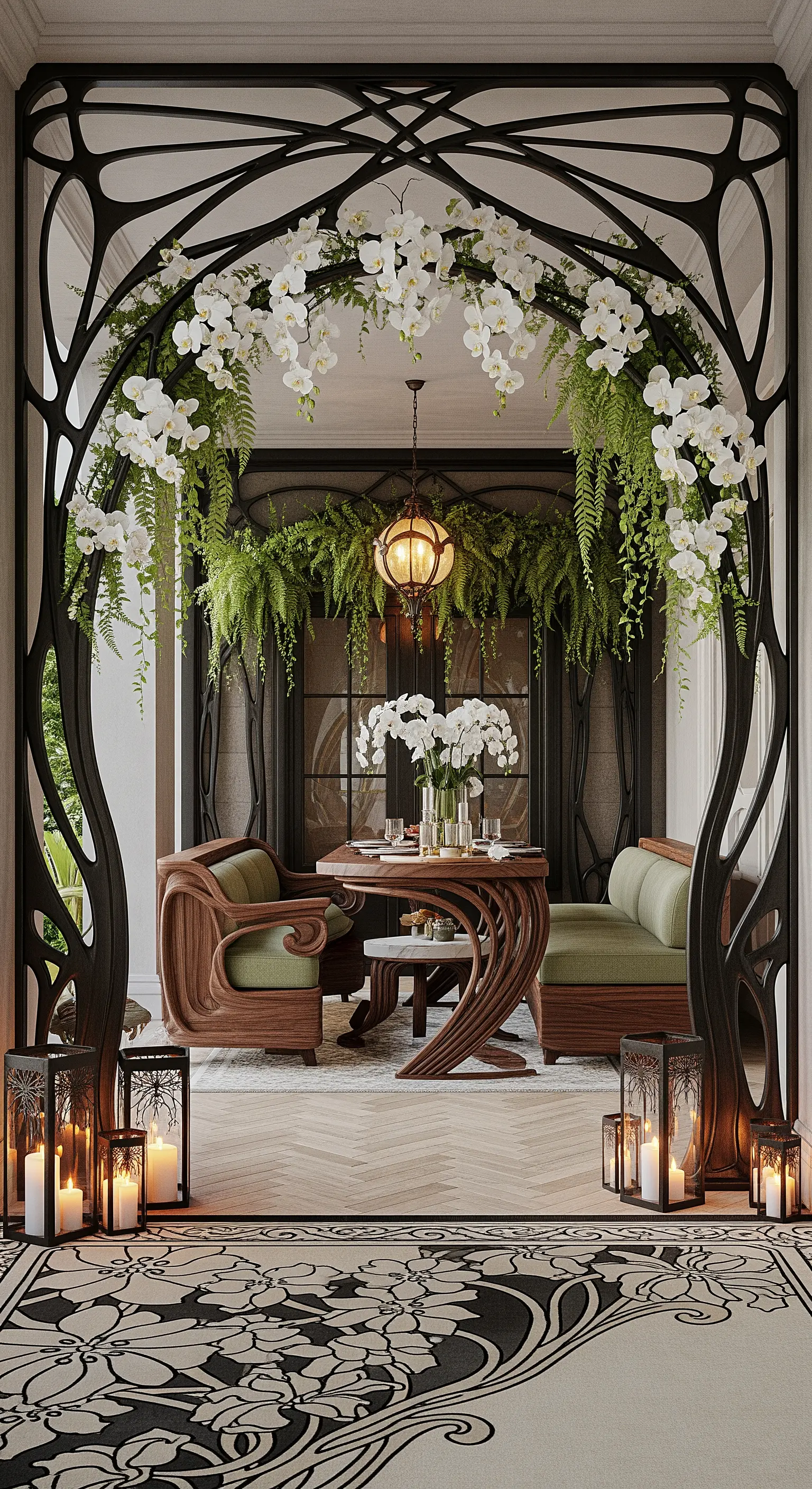 Portico in stile Art Nouveau con arco e arredi in ferro battuto e legno, decorato con orchidee bianche