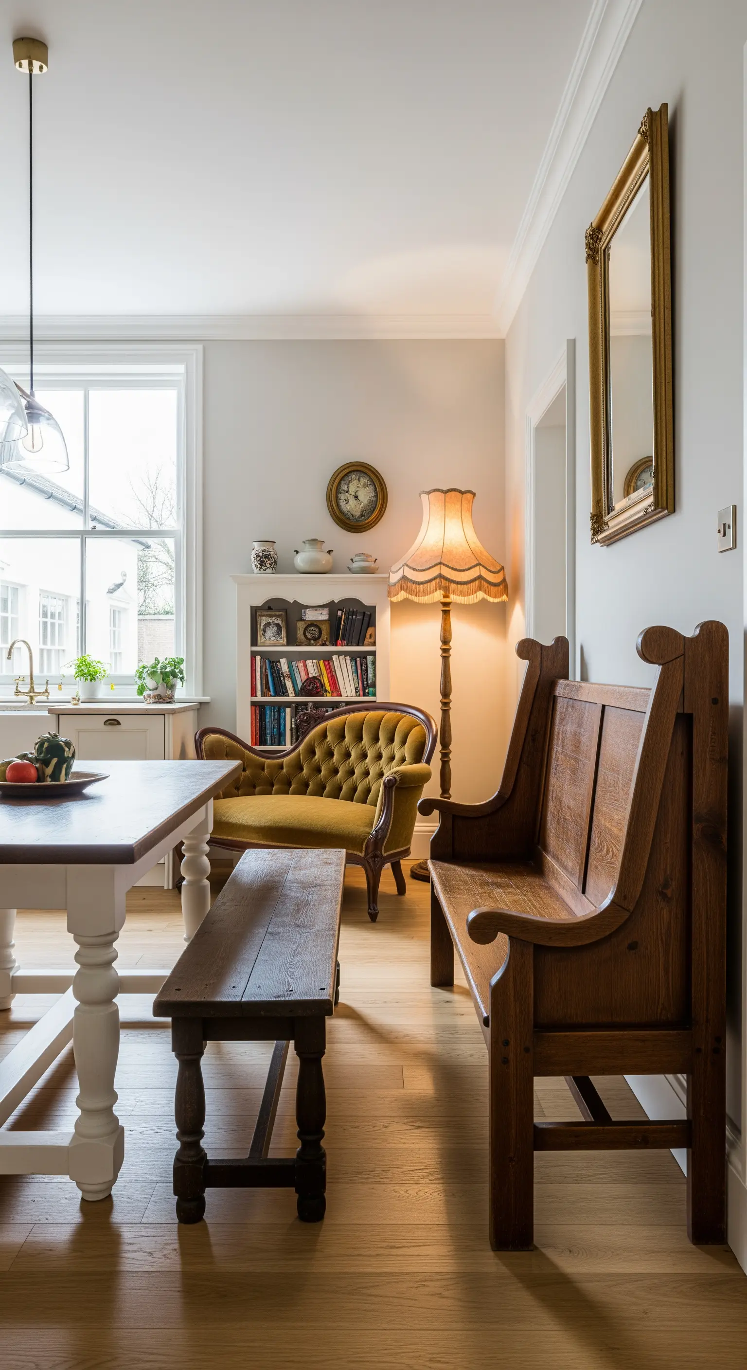 Cucina con tavolo bianco, panche antiche in legno scuro e angolo lettura con poltrona chesterfield.