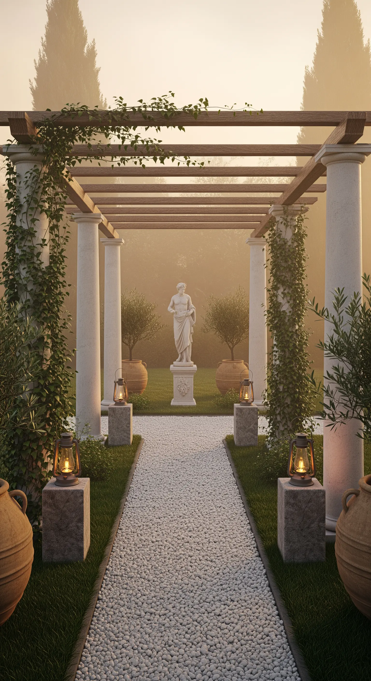 Giardino classico con pergolato a colonne bianche, sentiero di ghiaia e una statua come punto focale.