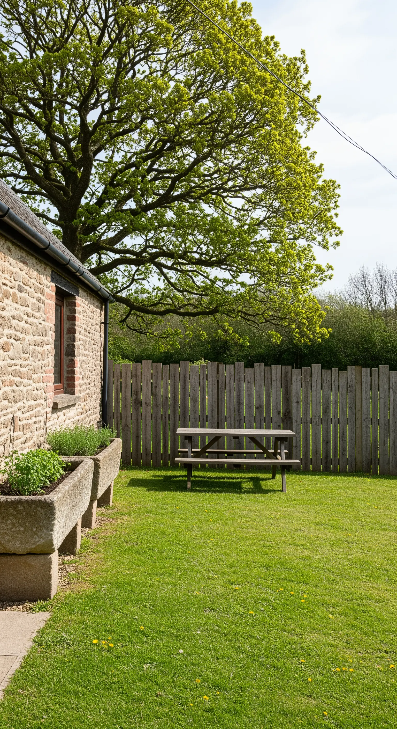 Vecchi lavatoi in pietra usati come fioriere per erbe aromatiche accanto a una casa di campagna.