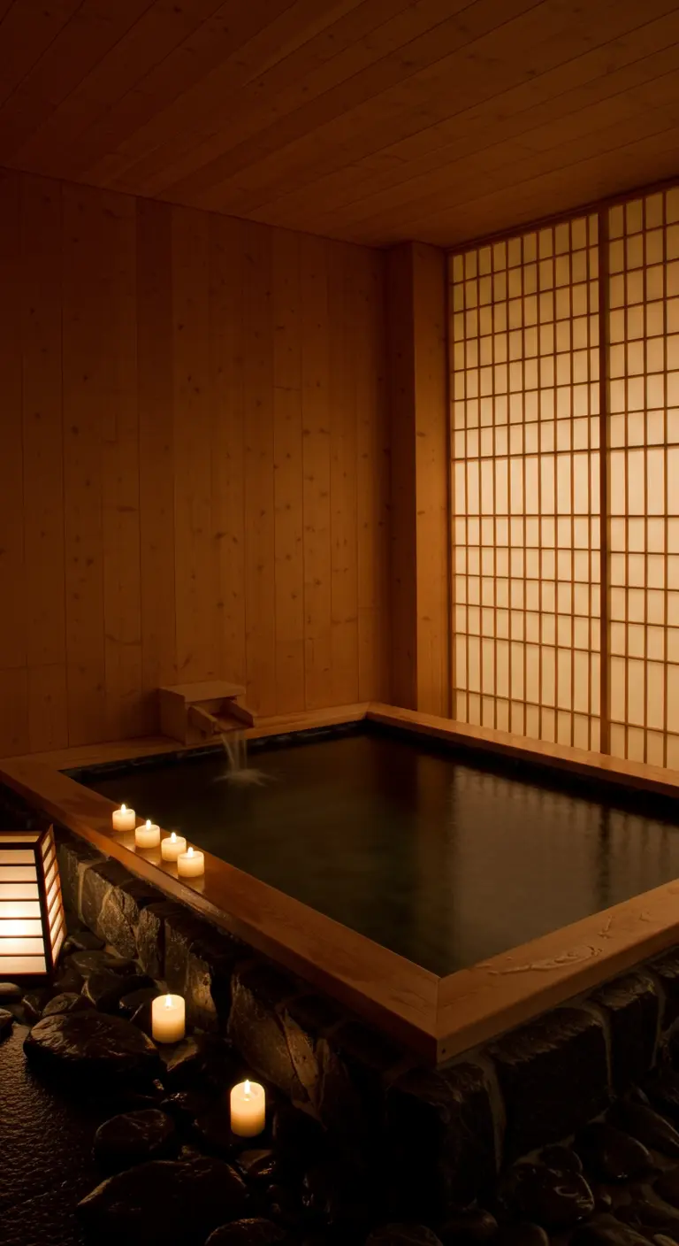 Bagno in stile giapponese con vasca ofuro in legno, pareti shoji e illuminazione soffusa.