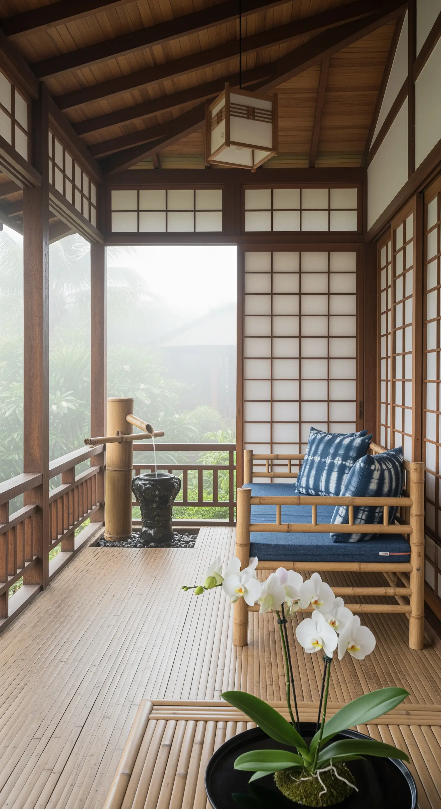 Portico in stile giapponese con pavimento in bambù, pannelli shoji e fontana tsukubai.