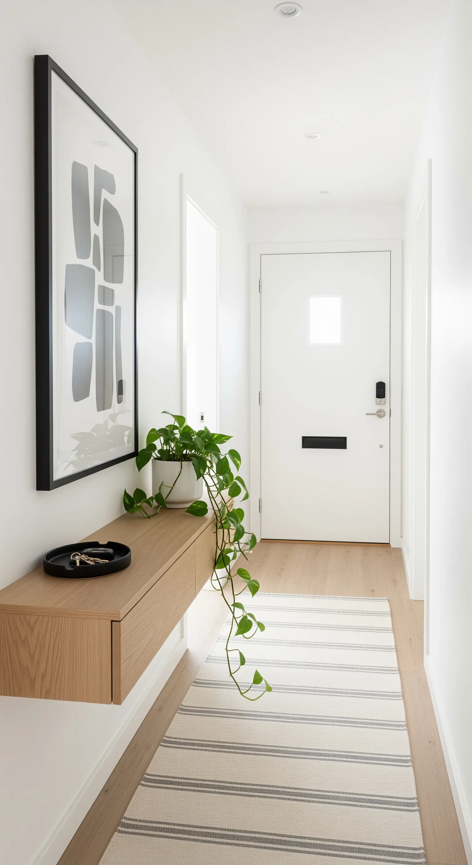 Corridoio d'ingresso con consolle sospesa in legno, quadro astratto e pianta ricadente.