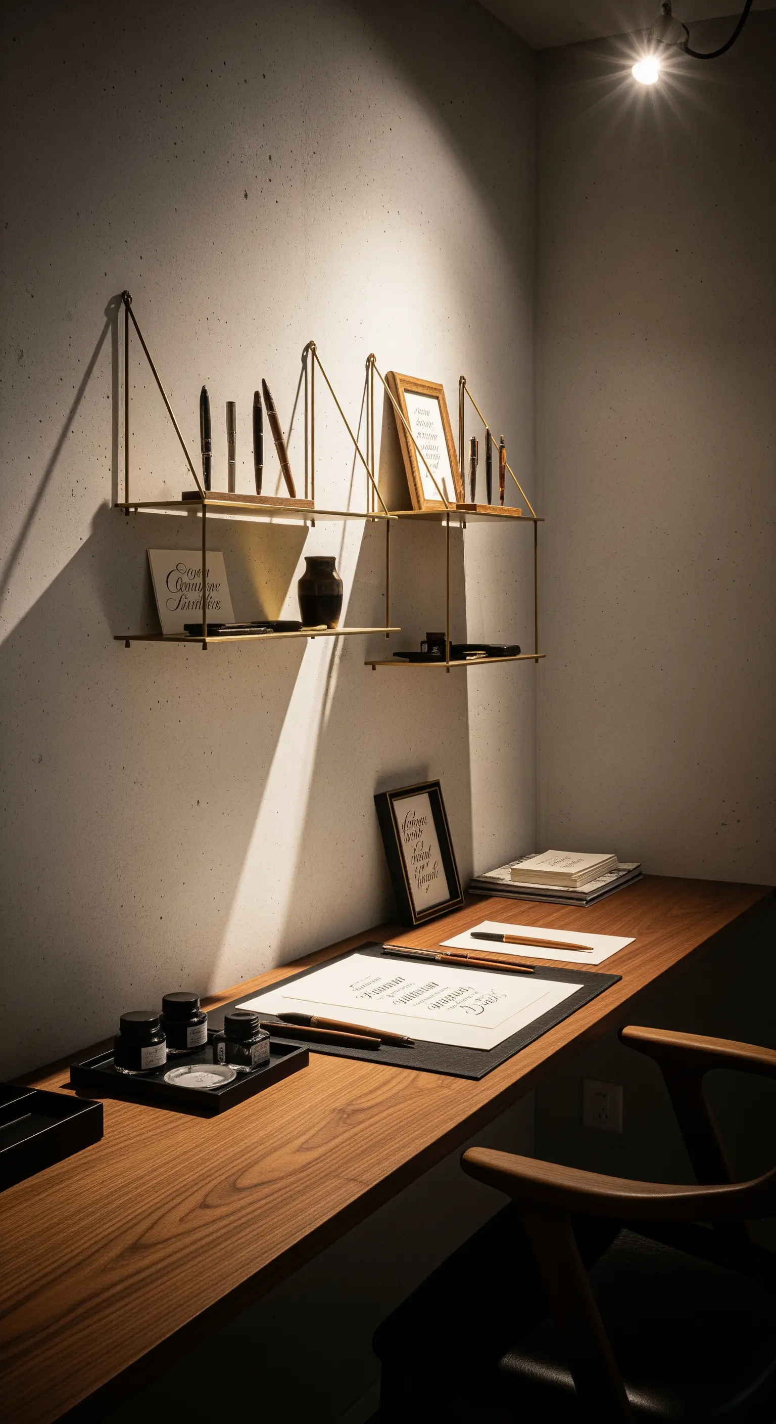 Scrivania per calligrafia con mensole sospese dalla struttura in ottone su parete chiara.