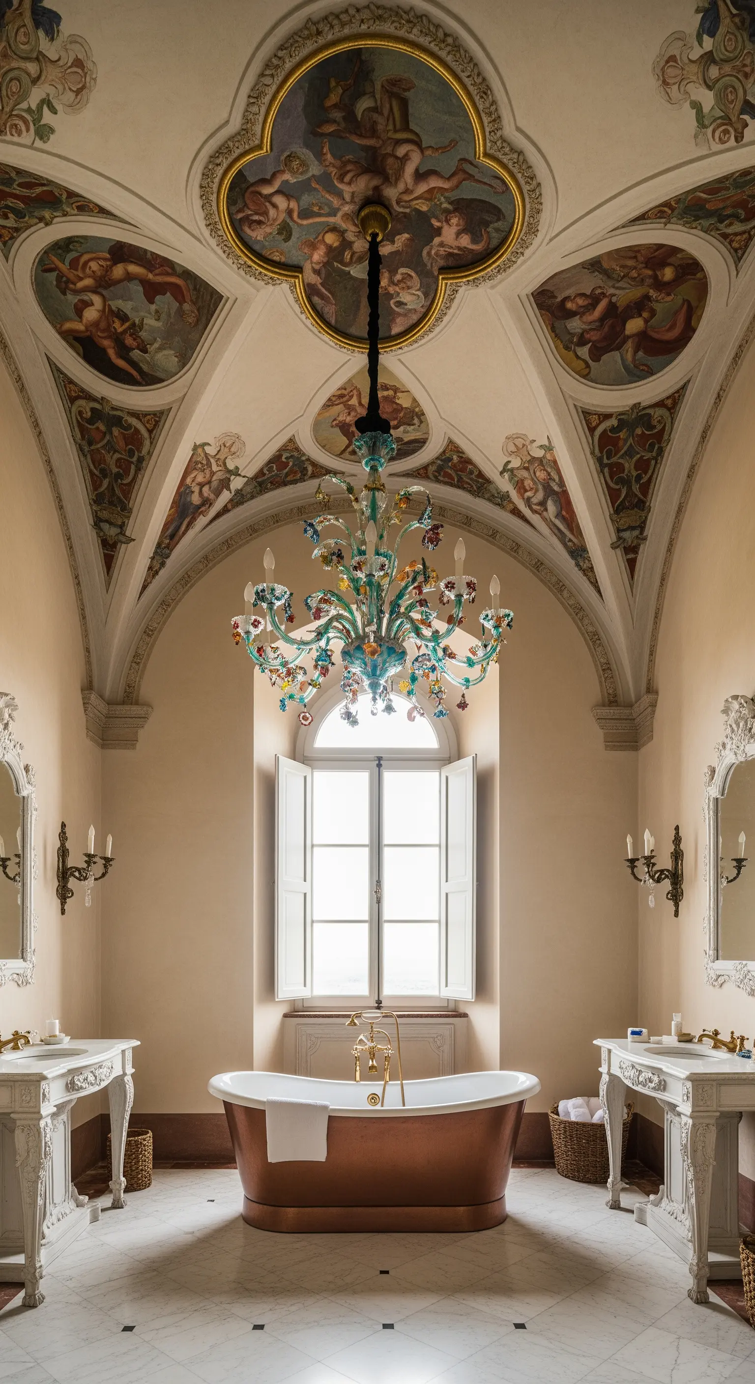 Bagno con soffitto a volta affrescato, lampadario in vetro di Murano e vasca in rame.