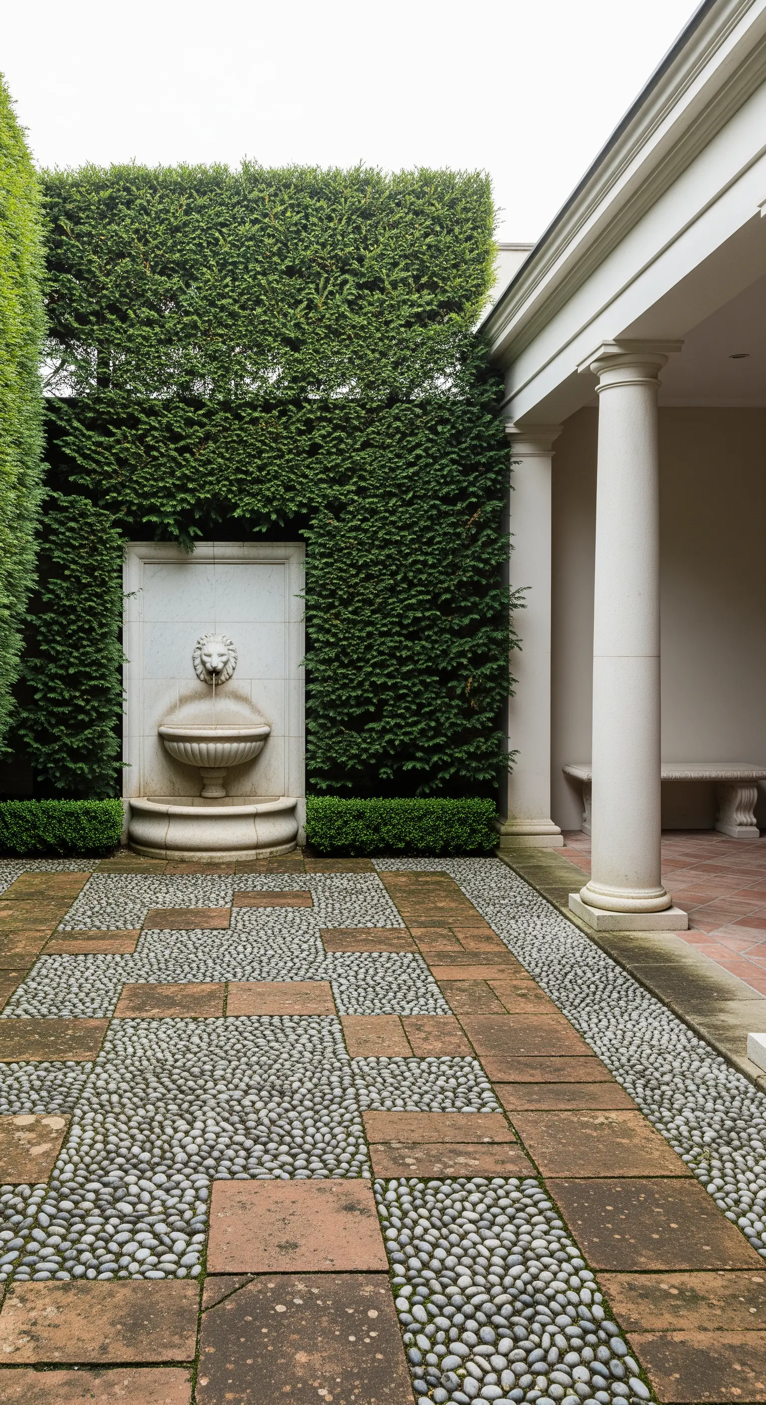 Cortile con pavimentazione in cotto e ciottoli, fontana a muro e colonna bianca.