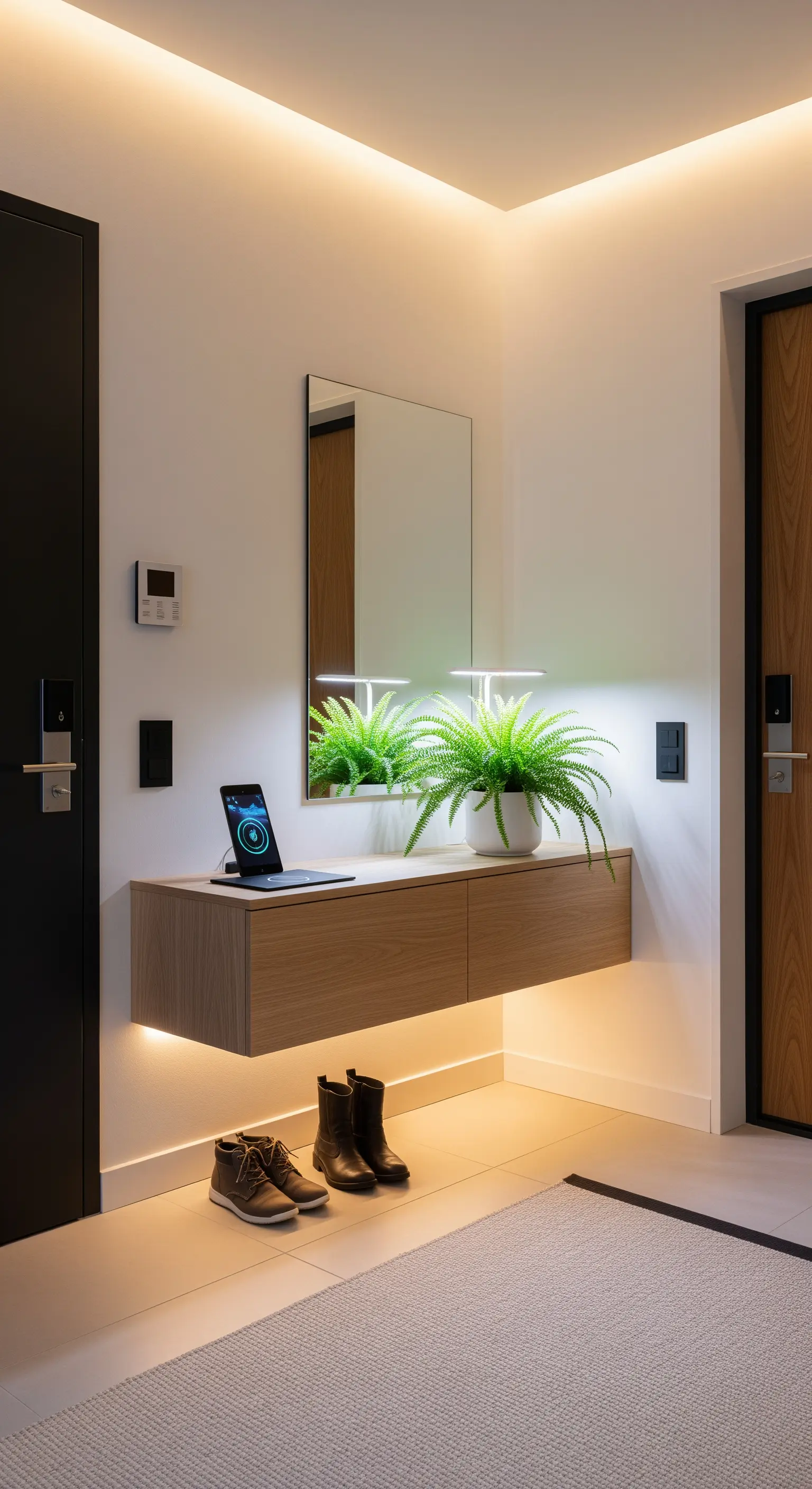 Consolle sospesa in un ingresso moderno illuminata da strisce LED sopra e sotto.