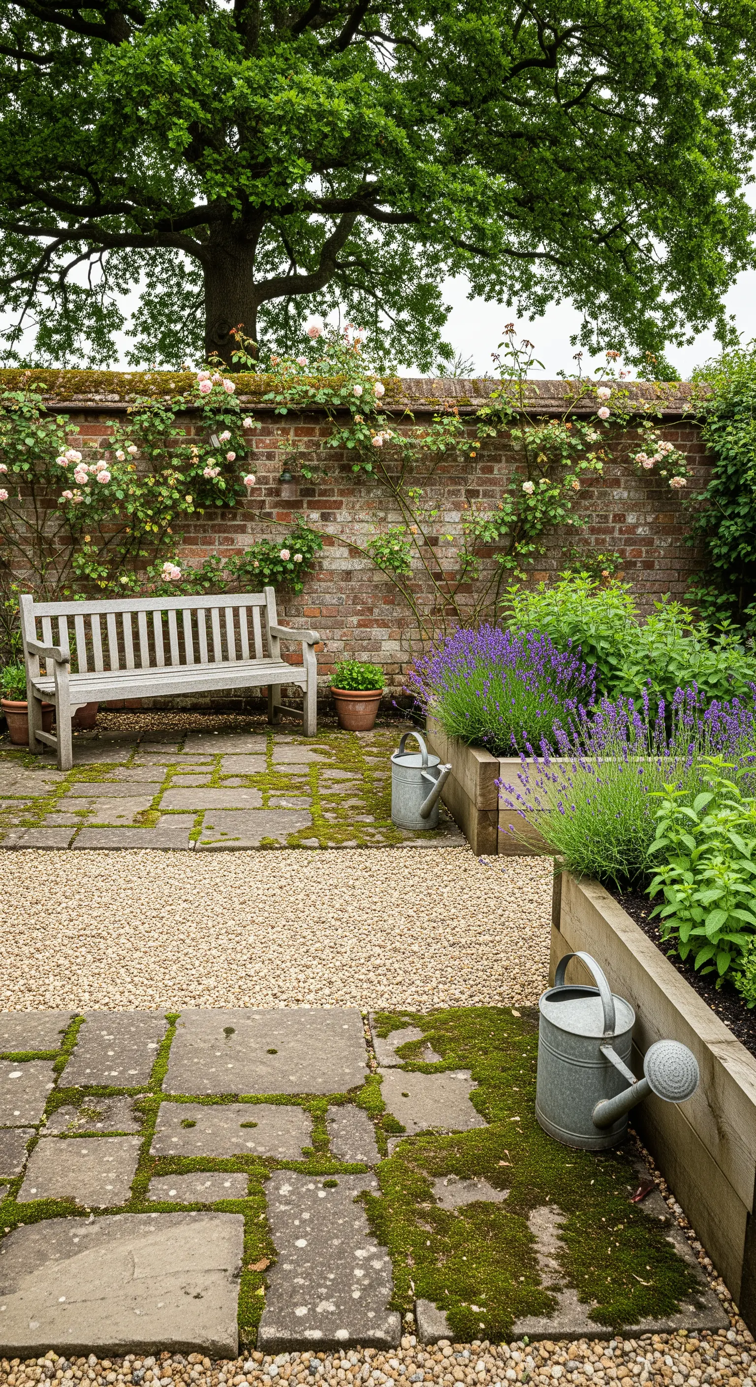 Panchina in legno in un patio con muro di mattoni, rose rampicanti e lavanda.