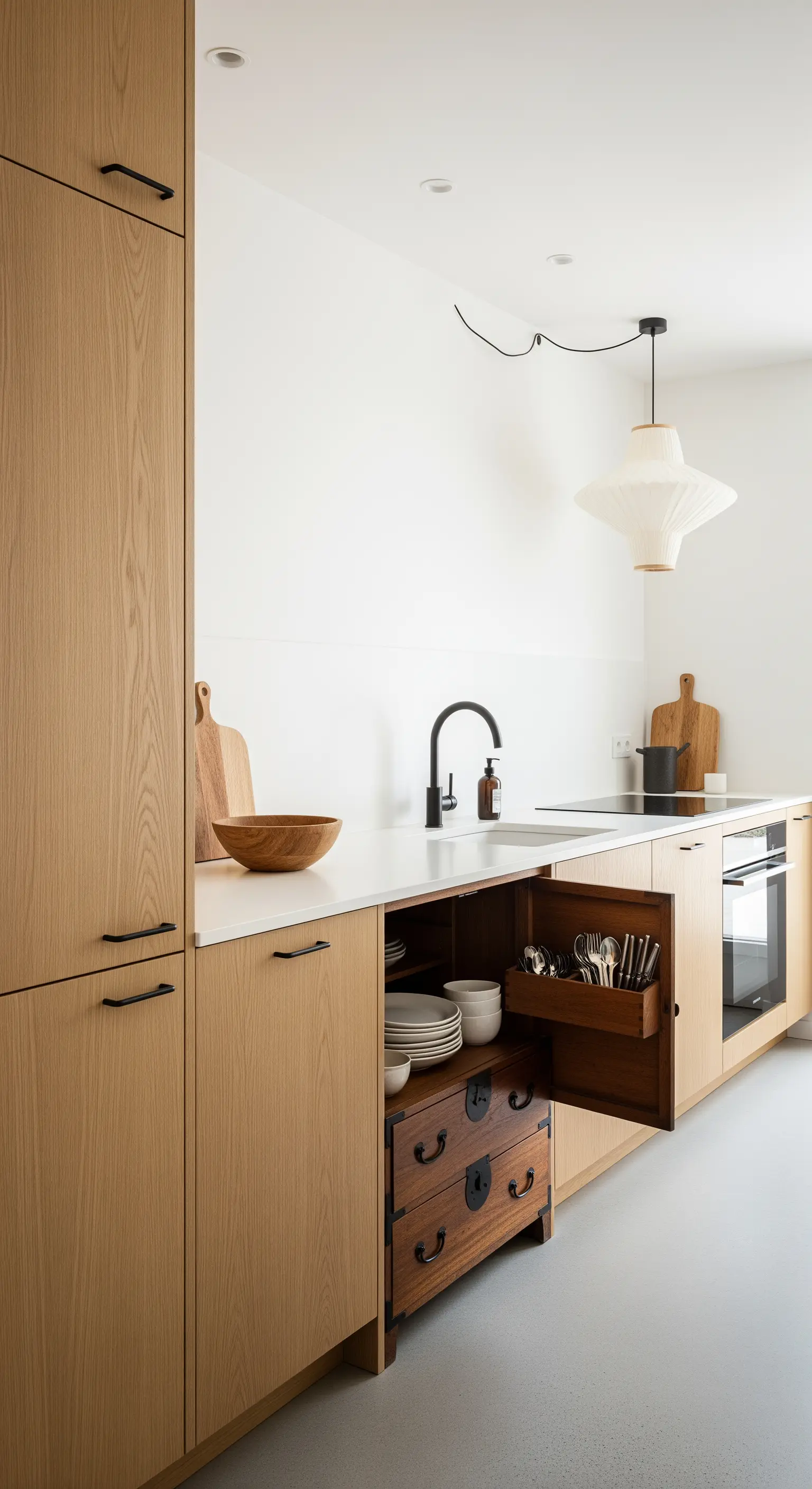 Cucina moderna in legno chiaro con un cassetto antico in legno scuro integrato per le posate.