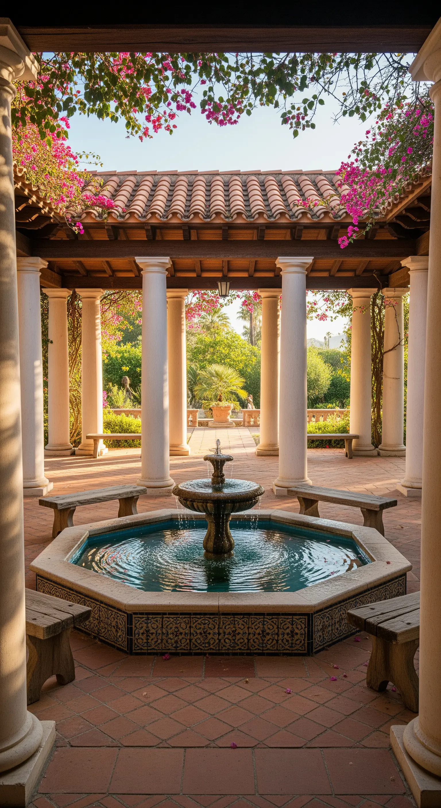 Cortile interno con colonne, pavimento in cotto e una fontana ottagonale al centro