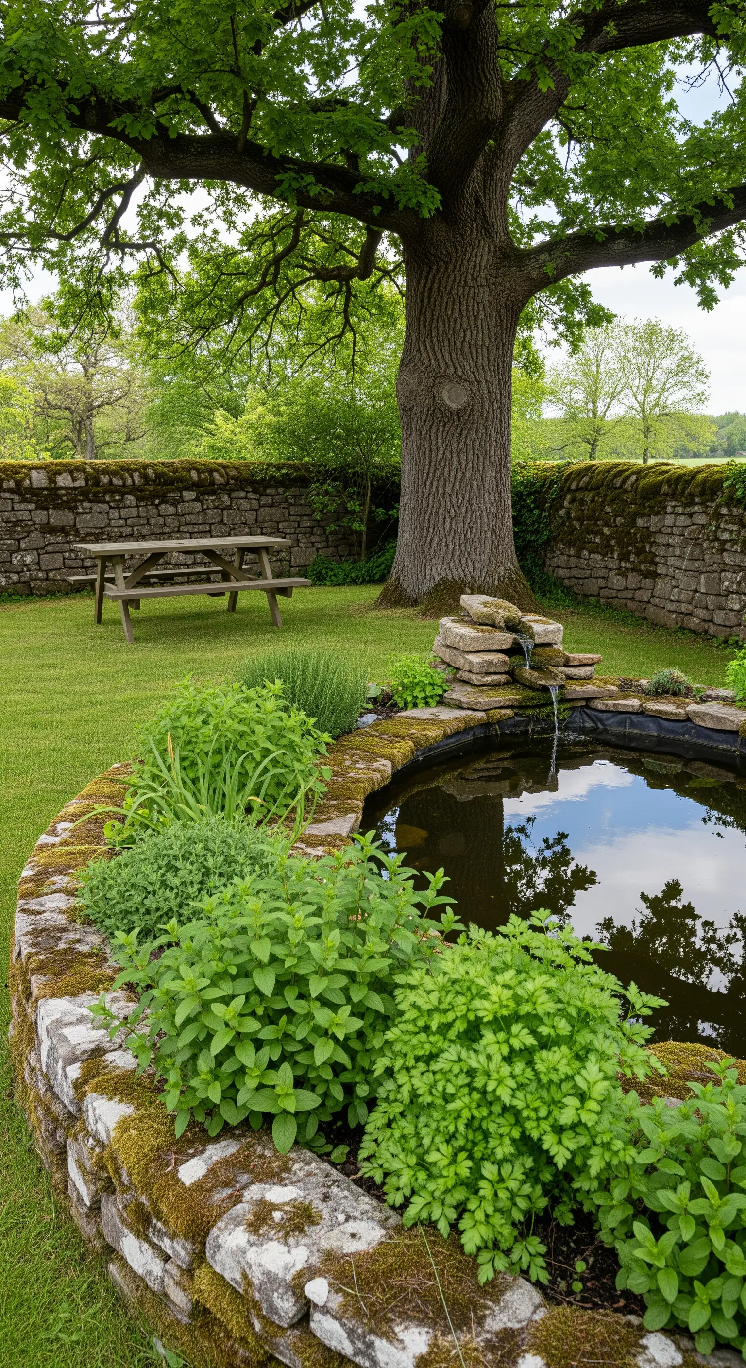 Piccolo laghetto con cascatella, bordato di pietre e circondato da piante di menta rigogliose.