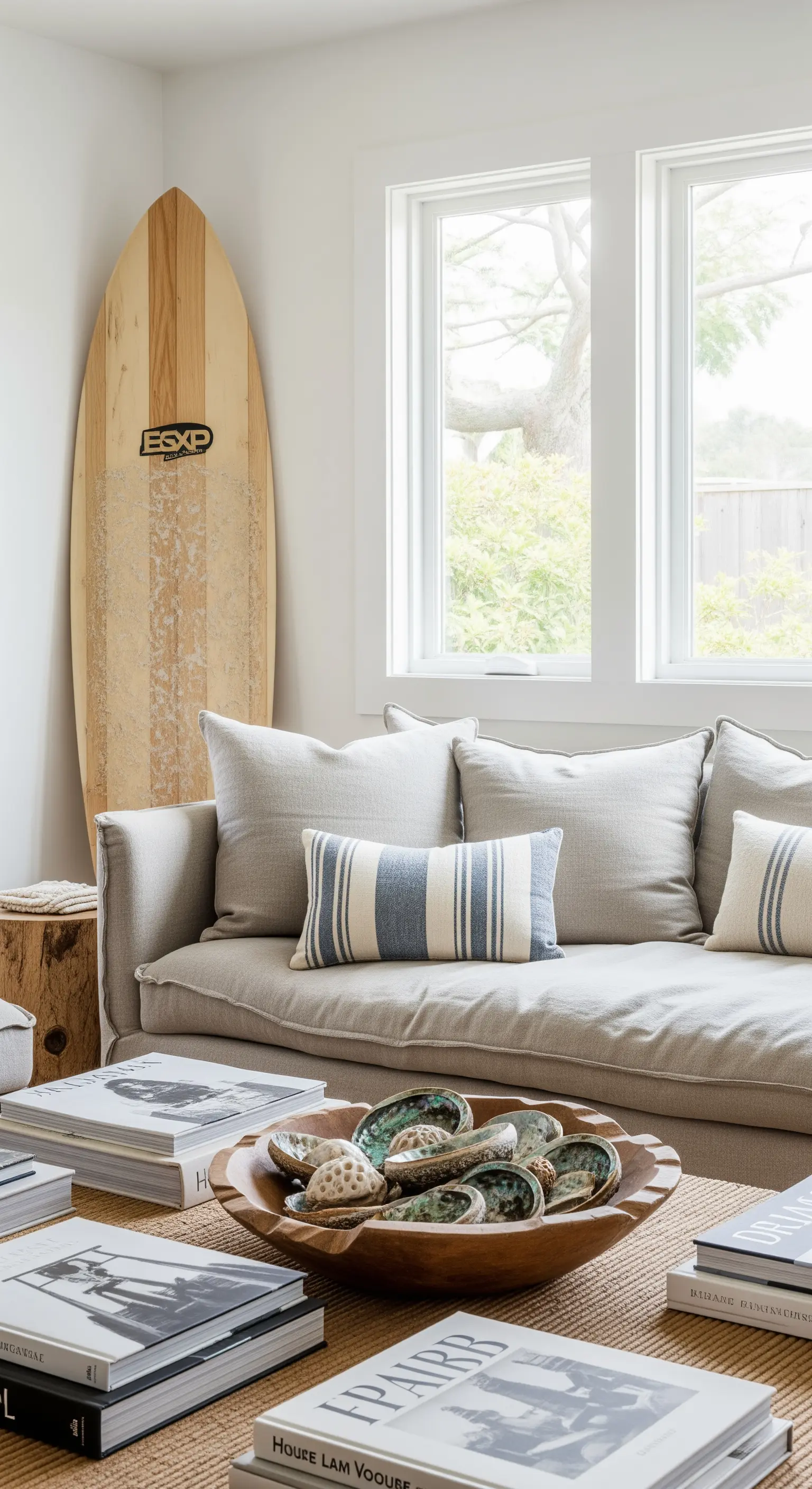 Angolo soggiorno con divano in lino e una tavola da surf in legno.