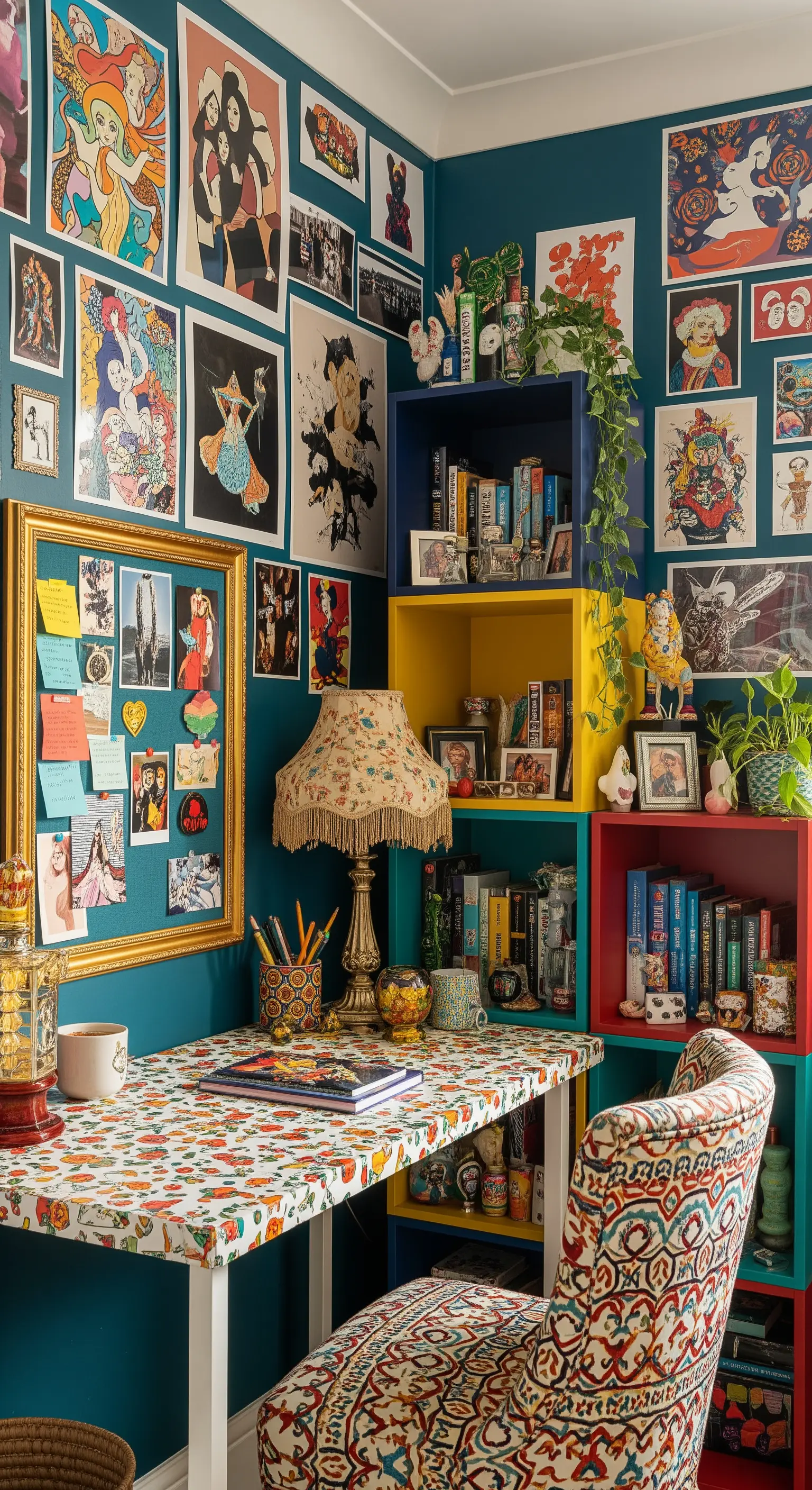 Angolo studio massimalista con pareti coperte di poster colorati e mobili eclettici.