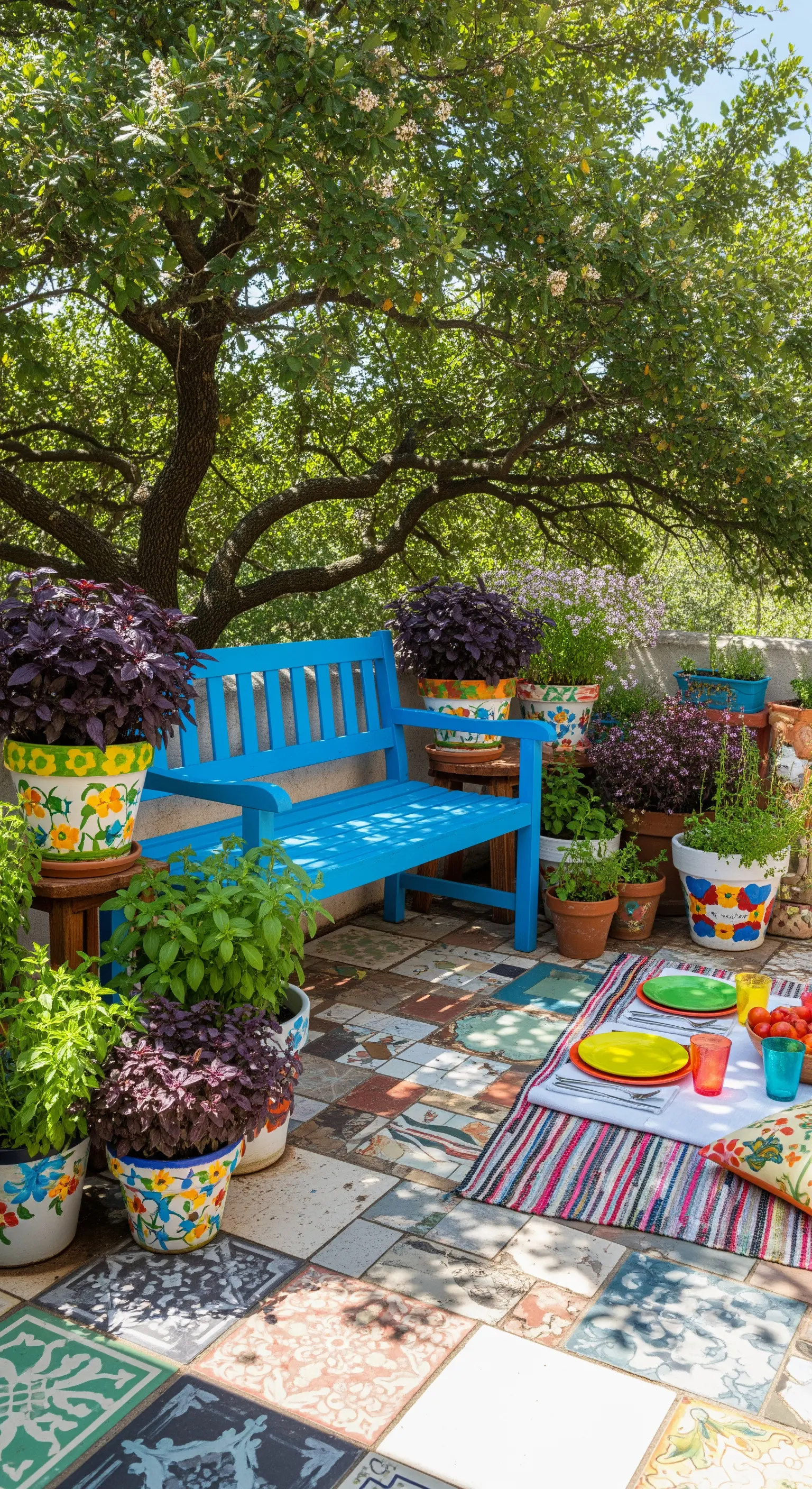 Patio con piastrelle decorate, panca blu brillante e vasi dipinti a mano con erbe.