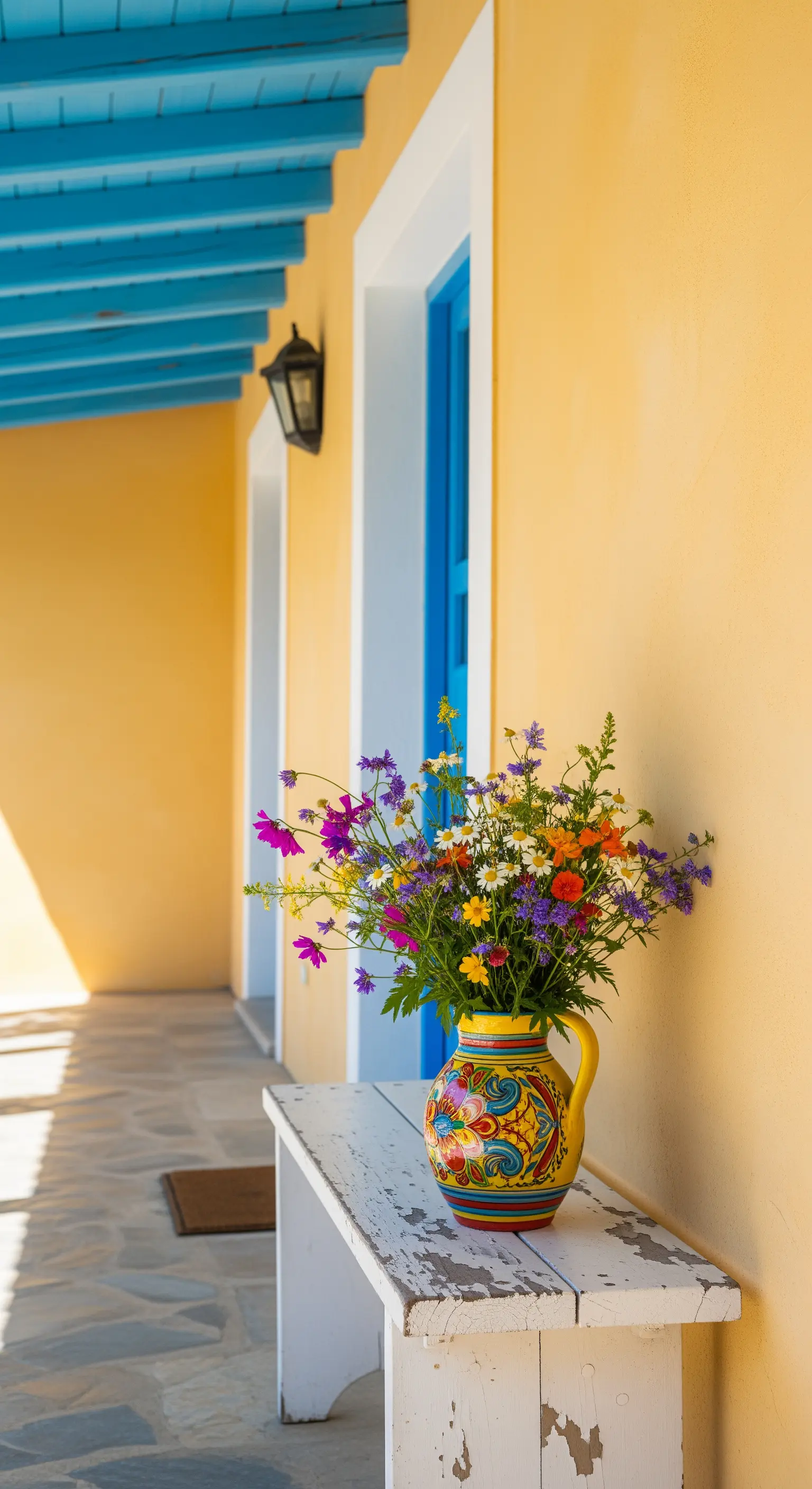 Portico con parete gialla, panca bianca e una brocca in ceramica dipinta a mano piena di fiori.